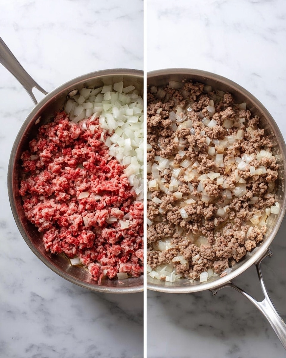 Two images side by side show the cooking process of ground meat with onions in a silver pan on a white marbled surface. The left image shows raw ground meat with red and pink colors mixed with white chopped onions on the bottom half of the pan, with some parts of the meat slightly cooked and brown. The right image shows the same pan after cooking, where the meat is fully browned and crumbly with a uniform light brown color, mixed evenly with softened translucent white onions. The pan has a long handle and a loop at the opposite side. Photo taken with an iphone --ar 4:5 --v 7