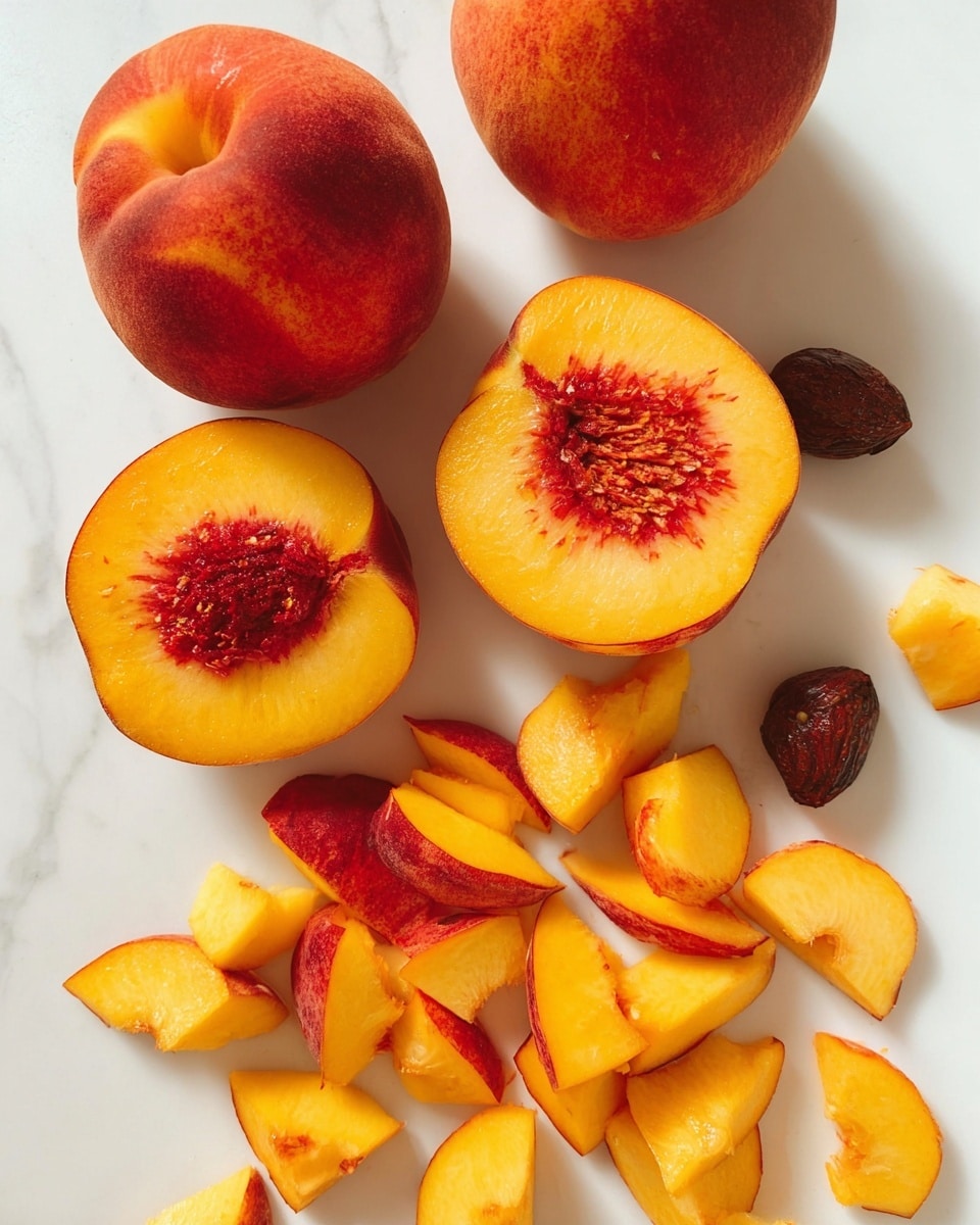 The image shows three whole peaches with red and orange skin placed on a white marbled surface. Nearby, four peach halves reveal the yellow-orange flesh with red pits in their centers. Two dark brown peach pits sit next to the halves. Below these, many small peach pieces show the bright yellow-orange flesh with red skin edges in a scattered arrangement. The lighting highlights the juicy texture of the fruit, creating an inviting fresh look. Photo taken with an iphone --ar 4:5 --v 7