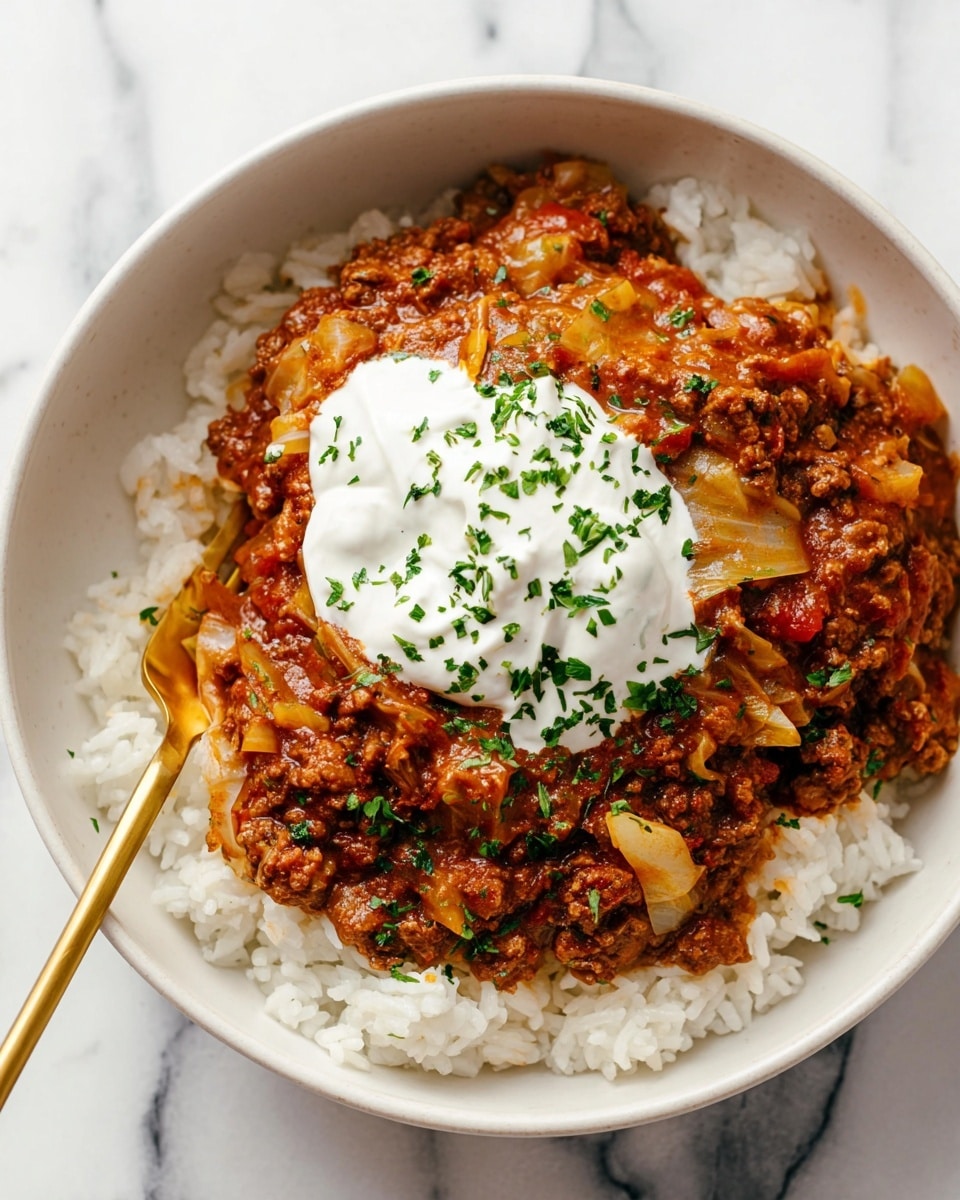 A close-up of a white bowl filled with three main layers: the bottom layer is white cooked rice with separate grains, the middle layer is a thick brownish-red mixture of cooked ground meat and chopped light yellow cabbage pieces mixed in a chunky tomato-based sauce, topped with a smooth dollop of white cream sprinkled with small green chopped herbs. A gold fork is placed on the left side inside the bowl, resting on the rice. The bowl sits on a white marbled surface. Photo taken with an iphone --ar 4:5 --v 7