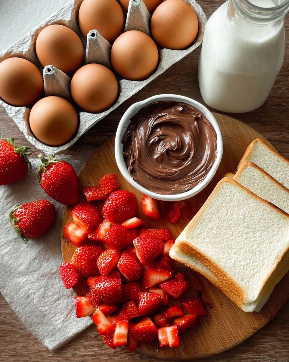 The image shows ingredients arranged on a wooden surface with a white marbled background. There is a carton holding nine brown eggs placed at the top left corner. Next to it on the right side is a glass bottle filled with milk. Below the eggs is a wooden board covered with many small, bright red chopped strawberries. In the center of the board, there is a small round white bowl filled with thick, creamy chocolate spread that has smooth swirls on top. To the right of the strawberries, there are three stacked slices of white bread. Two whole strawberries are placed near the bread on the wooden surface. Photo taken with an iphone --ar 4:5 --v 7