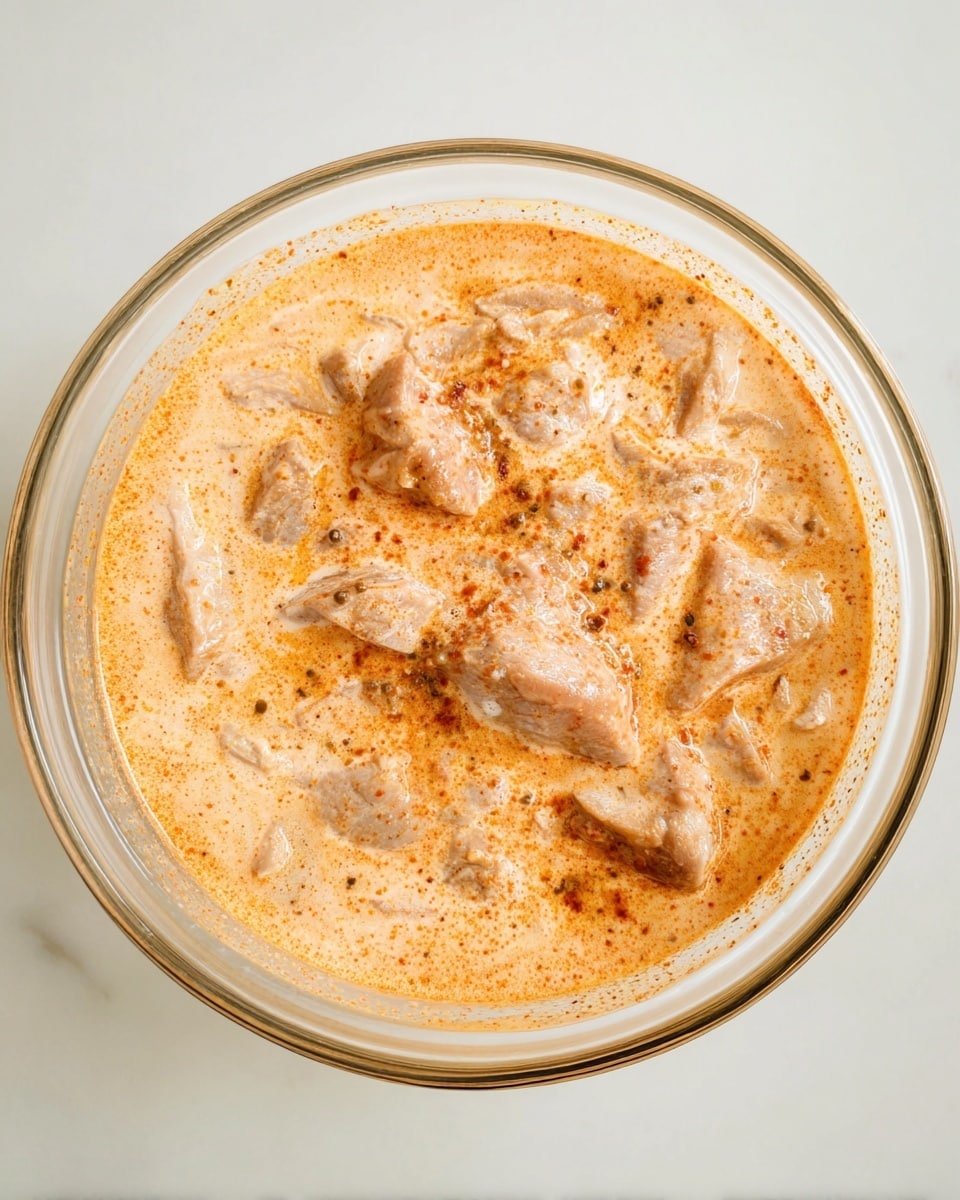 A clear glass bowl filled with pieces of light pink meat soaking in a creamy, light orange sauce that has fine specks of darker orange spices spread throughout. The sauce covers the meat evenly, with some pieces partly visible under it. The bowl is placed on a white marbled surface, with the photo taken from above. photo taken with an iphone --ar 4:5 --v 7