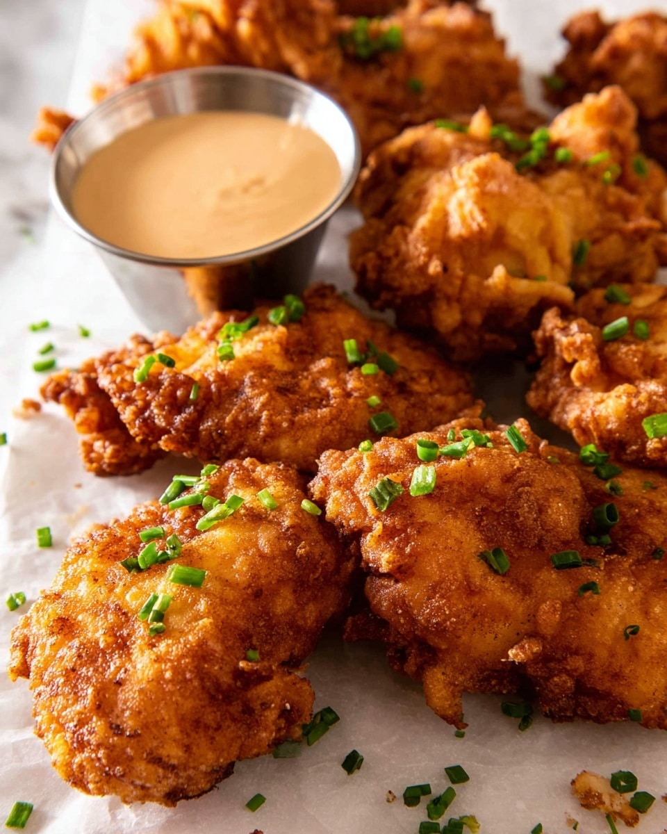 The image shows several pieces of golden brown fried chicken with a rough, crunchy texture layered evenly across a white marbled surface, each piece generously coated in a thick crispy batter and sprinkled with small, bright green chopped chives. Near the center-left, there is a small silver dipping cup filled with smooth, creamy light brown sauce. The lighting highlights the crunchy texture and warm colors of the fried chicken, with some crumbs scattered around the pieces. Photo taken with an iphone --ar 4:5 --v 7
