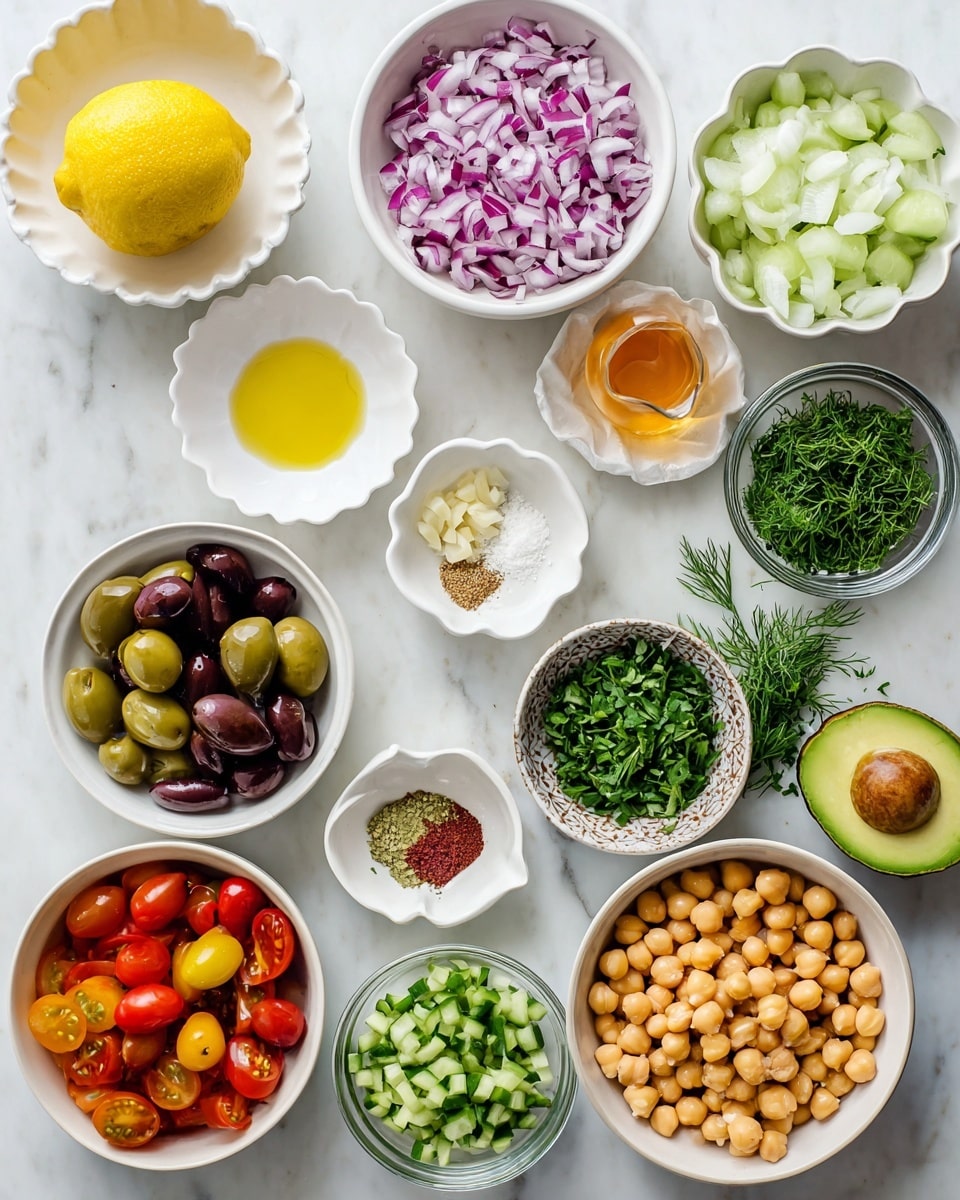 The image shows several white bowls and dishes arranged on a white marbled surface. Starting from the top left, there is a half lemon with bright yellow skin, a white bowl filled with finely chopped purple and white onions, and a small white scalloped dish with light orange liquid. Below, a small jug holds golden olive oil. Moving left, a small white plate has finely chopped garlic, next to it is another small white dish with mustard, and beside that, a tiny dish holds mixed spices in red and green. Below, a pattern-ridged small white bowl contains green capers. A larger white bowl holds glossy dark purple olive halves. Half an avocado with a green outer skin and yellow-green flesh sits on the surface, its seed visible. Beside it, a white bowl is filled with fresh green parsley and dill, and another glass bowl holds chopped green spring onions. At the bottom, a white bowl has green cucumber pieces, and another bowl is full of smooth golden chickpeas. A white bowl filled with halved cherry tomatoes in red and orange shades is positioned to the left. The overall scene is bright, fresh, and neatly arranged. photo taken with an iphone --ar 4:5 --v 7