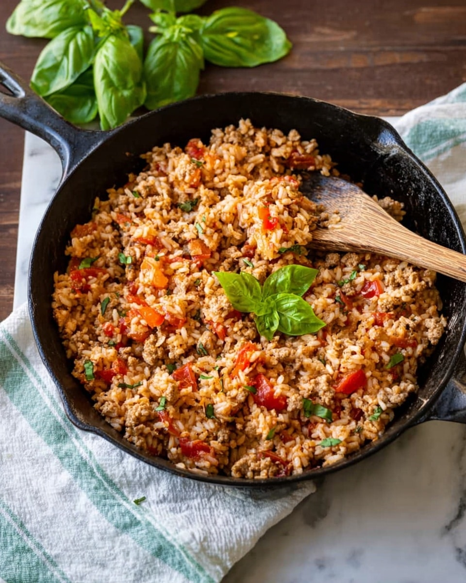 A black cast iron skillet filled with cooked rice mixed with small pieces of red tomato and ground meat, showing a light brown and red color mix with a slightly crumbly texture. A wooden spoon rests inside the skillet, partially covered by the rice mix. The skillet sits on a white and green striped cloth, placed on a white marbled surface, with fresh green basil leaves beside it. Photo taken with an iphone --ar 4:5 --v 7