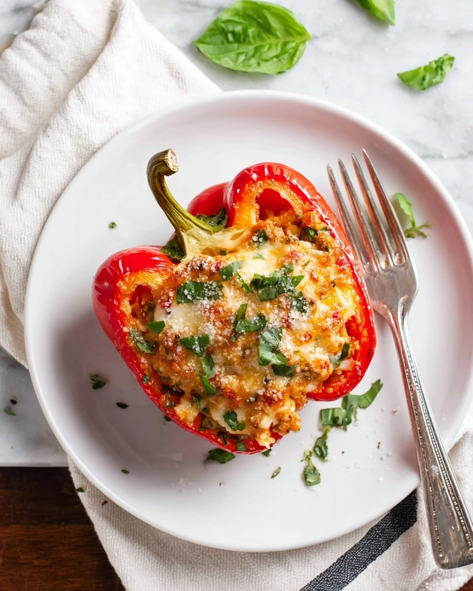A white plate holds a red bell pepper half filled with a topping of melted cheese mixed with finely chopped ingredients, sprinkled with green fresh basil leaves and a light dusting of grated cheese on top; the pepper is positioned with the stem facing up and slightly left on the plate, alongside a silver fork on the right side; the plate sits on a white marbled surface with a white cloth with a dark stripe partially visible underneath, and a few basil leaves scattered near the plate photo taken with an iphone --ar 4:5 --v 7