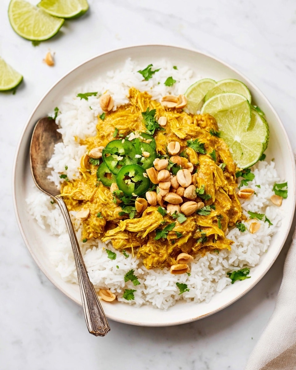 A white plate sits on a white marbled surface, filled with a base layer of fluffy white rice arranged in a ring around the edge. In the center, a thick layer of shredded yellow-orange chicken curry is topped with sliced green chili, chopped green herbs, and scattered whole peanuts. On one side of the plate, two lime wedges rest against the rice. A silver spoon is placed on the left side of the plate, partially resting in the rice and curry. photo taken with an iphone --ar 4:5 --v 7