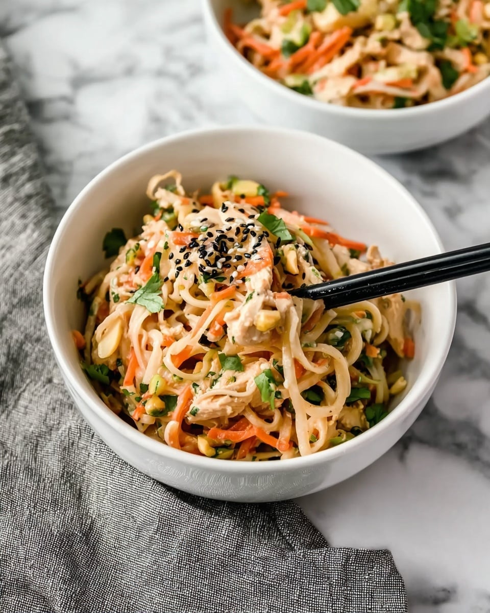 A white bowl filled with three layers of food: the bottom layer shows thin noodles in light cream color mixed with small pieces of green herbs and some chopped peanuts. The middle layer has orange carrot sticks and small chunks of pale cooked chicken scattered evenly. The top layer is sprinkled with black sesame seeds and fresh green herbs. A pair of black chopsticks is picking up a piece of chicken and noodles. The bowl is placed on a white marbled surface with a gray cloth napkin nearby. Another white bowl with the same dish is slightly blurred in the background. photo taken with an iphone --ar 4:5 --v 7