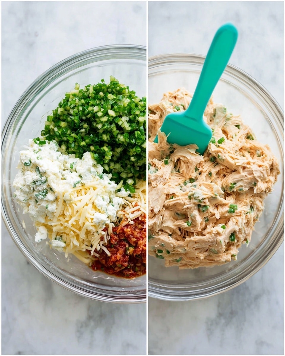 A clear glass bowl on a white marbled surface holds separate layers of ingredients: white cream cheese on the left, bright green chopped jalapeños just above, finely chopped darker green herbs at the top, shredded light brown chicken next to the herbs, pale yellow shredded cheese below the chicken, reddish salsa at the bottom left, and more chopped green onions on the bottom right. A turquoise spatula rests inside the bowl, touching the chicken and cheese layers. Next to it, the same bowl now shows all the ingredients mixed into a creamy light brown spread with visible small green and reddish bits. Photo taken with an iphone --ar 4:5 --v 7