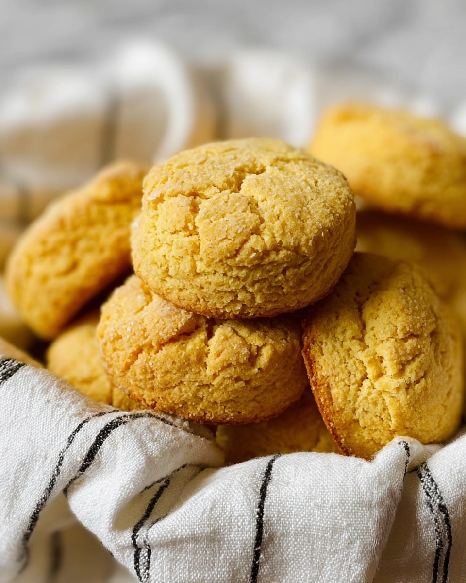 The image shows a close-up of several light golden yellow biscuits with a crumbly texture and some small cracks on their surface. The biscuits have a round shape with slightly rough edges and are stacked together on a white cloth with black stripes. The cloth is partially visible and wraps around the base of the biscuits. The whole scene is set on a white marbled surface with soft, natural lighting. Photo taken with an iphone --ar 4:5 --v 7