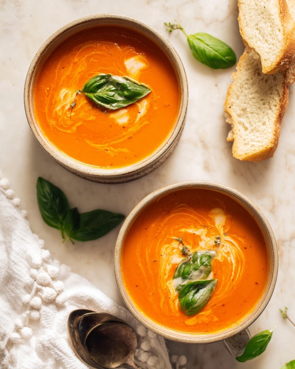 Two beige bowls filled with smooth, bright orange tomato soup are placed on a white marbled surface. Each bowl has two fresh green basil leaves floating on top, with light swirls of cream adding texture and contrast. Around the bowls, there are a few green basil leaves arranged neatly. Two slices of light-colored bread rest near the bowls on the white marbled surface, and a white cloth with small pom-poms is placed beside one bowl. The scene is lit warmly, giving a fresh and inviting feel. Photo taken with an iphone --ar 4:5 --v 7