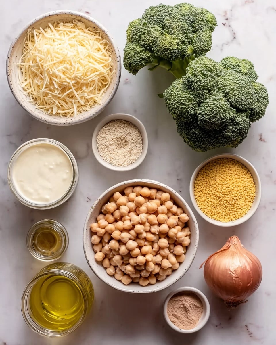 The image shows a top view of several bowls and ingredients arranged on a white marbled surface. There is a large white bowl filled with light brown chickpeas in the center. Below it to the left, a white bowl contains shredded cheese. Near the bottom right, there are two fresh green broccoli heads with detailed texture. At top center, a small white bowl holds yellow cornmeal. To the left of it sits a small white bowl filled with tiny white grains, and next to it is a jar with creamy white yogurt. A small white bowl to the right contains light brown powder. Near the bottom left, a glass jar is filled with golden yellow liquid, likely oil. Finally, at top right, a single shallot with brown skin rests on the surface. The photo taken with an iphone --ar 4:5 --v 7