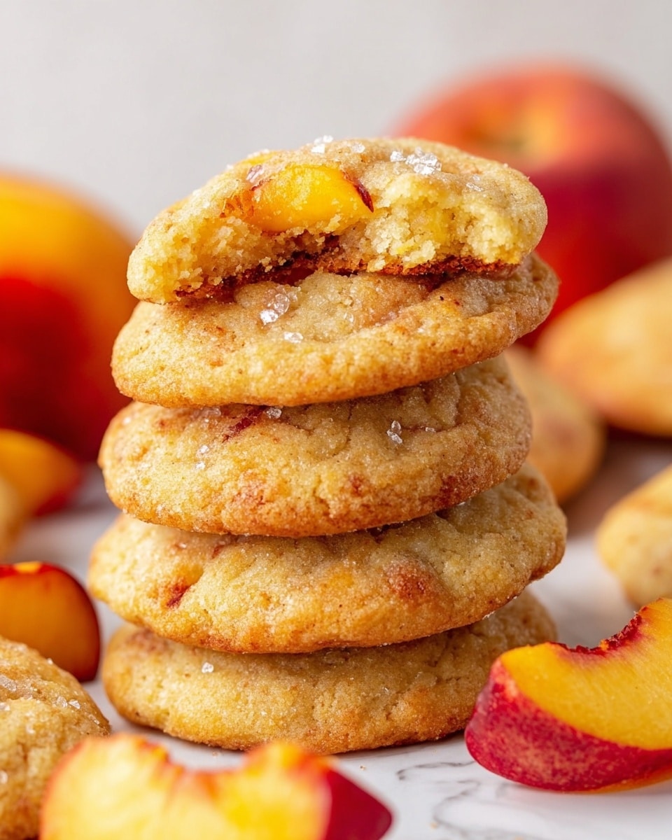 A stack of five light brown cookies is shown on a white marbled surface. The cookies have a soft, slightly crumbly texture with bits of yellow peach pieces visible in each one. The top cookie is broken in half, showing the moist inside. Sparkling sugar crystals sprinkle on the cookie tops, catching light. Around the stack, fresh peach halves and slices with red and yellow skin add color and freshness. The photo is taken with an iphone --ar 4:5 --v 7