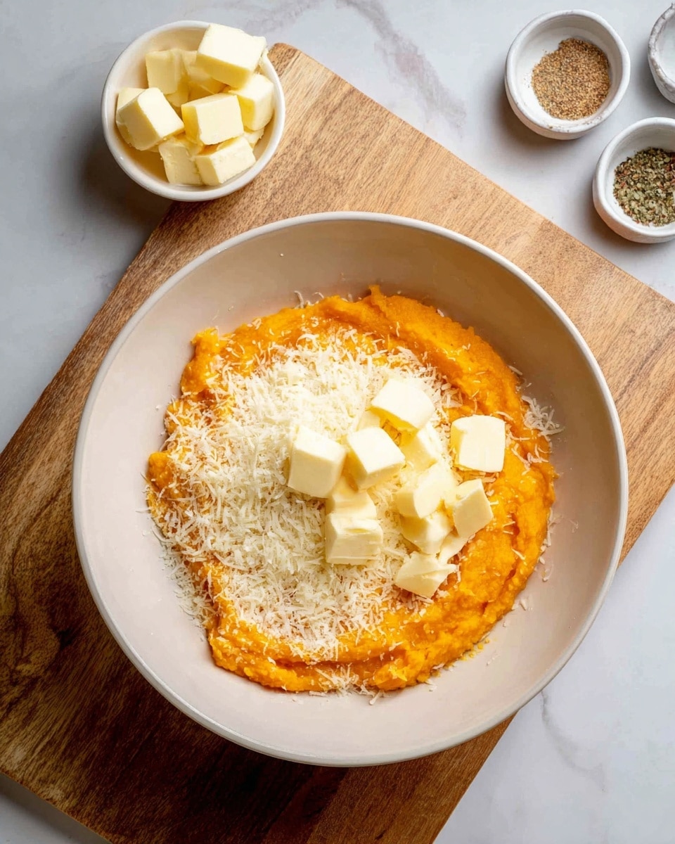 The image shows a white bowl with two main layers: the bottom layer is a smooth, bright orange mashed squash spread evenly in the bowl, and the top layer has a generous pile of finely grated white cheese covering half of the squash, while the other half holds several small cubes of pale yellow butter placed on the orange mash. The bowl sits on a wooden board, and nearby there is a small white bowl with extra cubes of butter and two small bowls with seasonings on a white marbled surface. Photo taken with an iphone --ar 4:5 --v 7