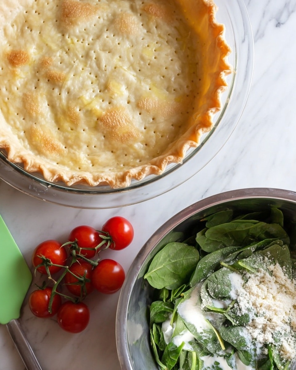 The image shows a close-up of a clear glass pie dish with a baked golden crust that has small holes evenly pierced all over and a crimped edge, positioned in the upper left. To the right of it, there is a small bunch of bright red cherry tomatoes still on the vine, placed on a white marbled surface. In the lower right, there is a metal mixing bowl filled with fresh green spinach leaves, creamy white sauce, and sprinkled white cheese on top. In the lower left corner, a green silicone spatula rests on the white marbled surface. photo taken with an iphone --ar 4:5 --v 7