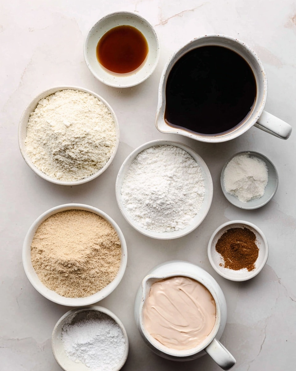 The image shows nine different ingredients in white bowls and a white measuring cup placed on a white marbled surface. There is a bowl of light tan powder in the bottom center, a white measuring cup filled with fine light brown flour on the middle left, a small white bowl with a dark brown liquid near the top center, and a white cup with a thick, pale pink cream on the top right. Near the middle right, there is a larger white pitcher filled with a very dark liquid. Small white bowls hold fine white powders near the top left, bottom center-right, and bottom right. A small brownish spice powder is in a tiny white bowl at the top right area. The bowls and cup are all neatly arranged with soft lighting. photo taken with an iphone --ar 4:5 --v 7