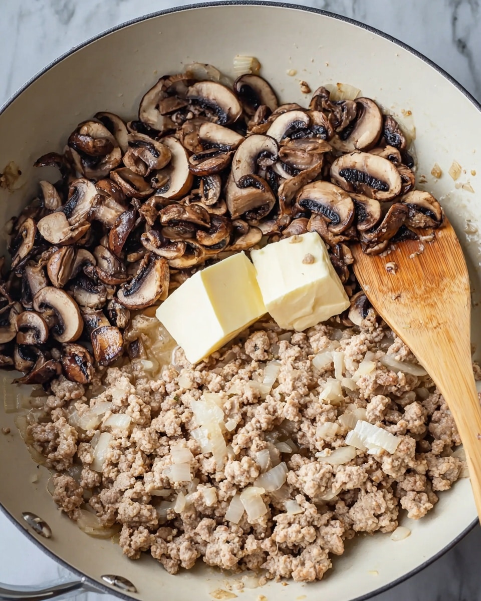 A white cooking pan filled with cooked ground meat colored light beige and small pieces of translucent onion spread evenly. On one side of the pan, there is a pile of dark brown sautéed sliced mushrooms. In the center, a cube of pale yellow butter sits on top of the meat. A wooden spoon with light brown handle rests in the pan near the mushrooms on a white marbled surface. photo taken with an iphone --ar 4:5 --v 7