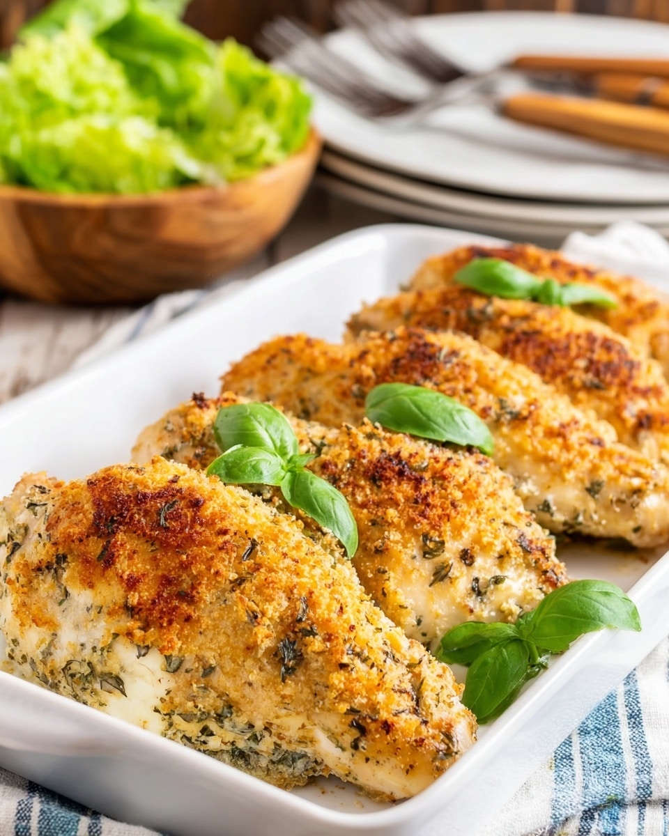 Four pieces of baked chicken covered with a golden brown crispy herb crust are placed side by side in a white rectangular dish. The crust has a mix of light orange and dark herb green spots, with a creamy white filling that shows flecks of green herbs. Two fresh bright green basil leaves rest on the dish near the front chicken piece. In the background, soft focus shows a wooden bowl with green lettuce and a white marbled surface underneath the dish, with a striped cloth and wooden forks nearby. photo taken with an iphone --ar 4:5 --v 7
