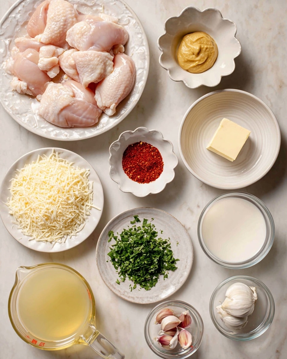 The image shows raw chicken pieces placed on a large white plate at the top left. Surrounding this plate are small white bowls and plates holding various ingredients: bright red chili powder in a scalloped bowl at the top center, smooth yellow mustard in a round bowl to its right, a white plate with half garlic powder and half red chili flakes below. Below that, there is a white plate with chopped fresh green herbs. To the left is a white bowl heaped with shredded pale yellow cheese. Next to it, a white bowl holds a small square of butter. Below these, a glass measuring cup with light yellow broth is at the bottom left. Next to it is a small white plate with peeled garlic cloves and chopped light purple shallots. To the far right, there is another clear measuring cup with white cream. The whole setup is on a white marbled surface photo taken with an iphone --ar 4:5 --v 7