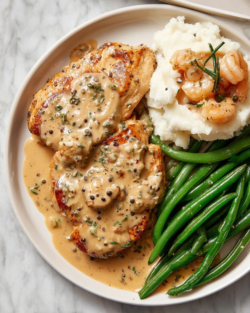 A white plate on a white marbled surface holds a meal with three main parts: on the left, two pieces of browned chicken with a light tan creamy sauce covered with small green herbs and black pepper bits; on the bottom right, bright green beans lightly covered with the same sauce; and on the top right, a scoop of white mashed potatoes topped with the creamy sauce and two small shrimp. The sauce has a smooth texture with visible black pepper flakes and small pieces of herbs, creating a warm, rich look overall photo taken with an iphone --ar 4:5 --v 7