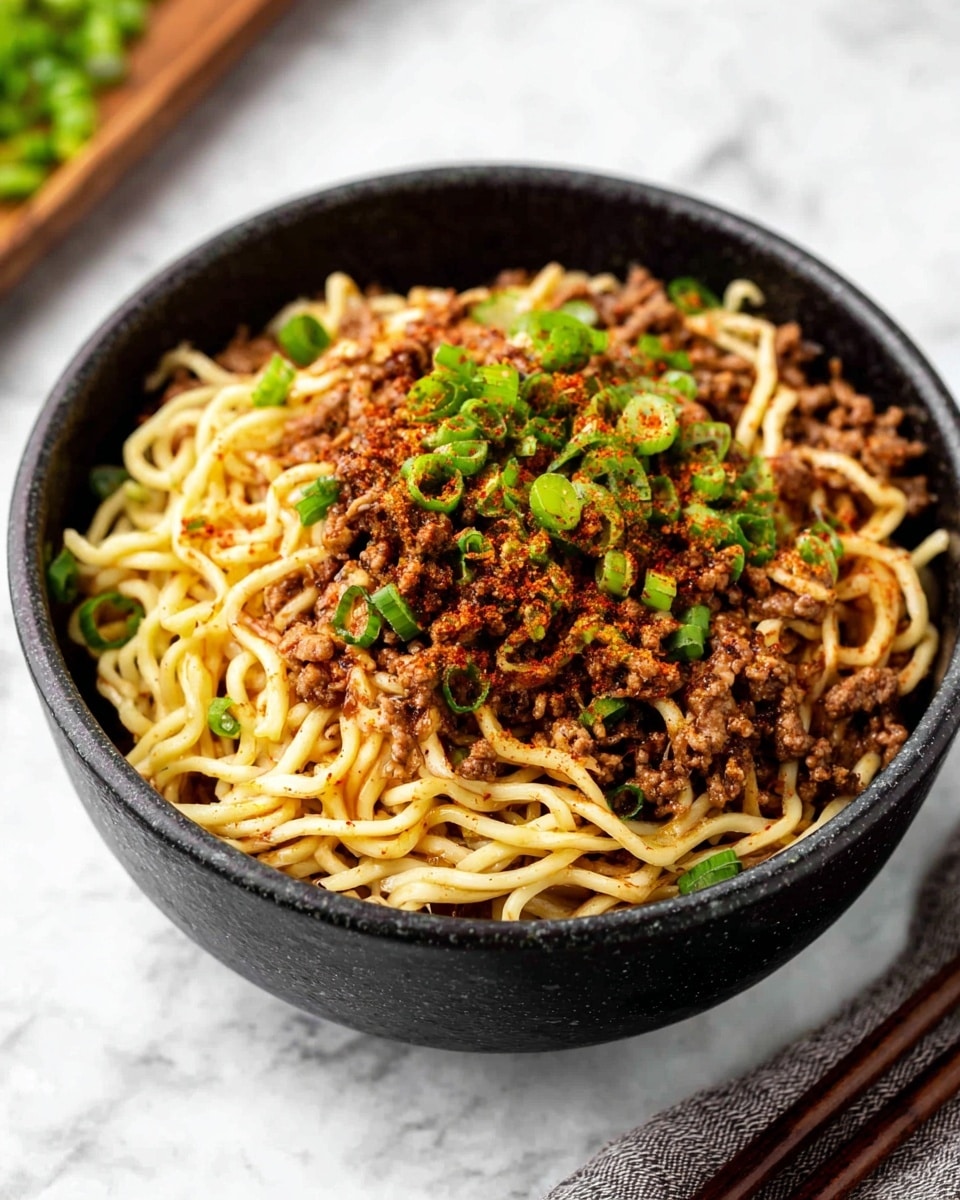 A black bowl filled with three layers of food sits on a white marbled surface. The base layer is light yellow noodles tangled thickly. The middle layer is a mix of finely cooked brown meat strands spread evenly with some bits clinging to the noodles. The top layer has small chopped green onions scattered all over for a fresh pop of color and a light red seasoning powder dusted across the top adding a hint of texture. In the background, wooden chopsticks rest on the white marbled surface. Photo taken with an iphone --ar 4:5 --v 7