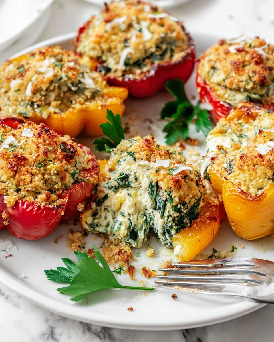 The image shows six stuffed bell pepper halves on a white plate with a white marbled surface underneath. Each pepper half has three visible layers: the bottom layer is the colorful pepper shell in shades of red, yellow, and green with a slightly wrinkled texture; the middle layer is a creamy white and green mixture of cheese and spinach filling, which is thick and chunky; and the top layer is a golden-brown crispy crumb topping with small white cheese shreds scattered on it. One pepper half is cut open in the front, revealing the filling clearly. There are small green parsley leaves placed around the peppers for garnish, and a fork rests on the plate's edge. Photo taken with an iphone --ar 4:5 --v 7