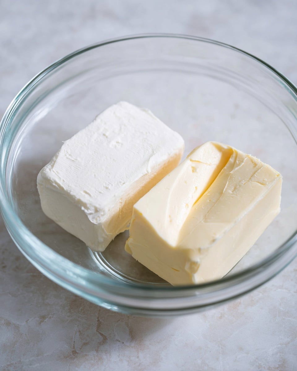 A clear glass bowl sits on a white marbled surface, containing two solid blocks of creamy ingredients. One block is pure white, with a smooth but slightly textured surface and rectangular shape. The other block is pale yellow with a soft, buttery texture and a slightly curved indentation in the middle. Both blocks rest closely next to each other inside the bowl, highlighting their contrasting light colors and smooth textures. Photo taken with an iphone --ar 4:5 --v 7