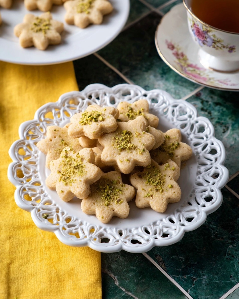 A white decorative plate with intricate cut-out patterns holds a pile of small flower-shaped cookies, each light brown in color with a sprinkle of green pistachio bits on top. The cookies are stacked loosely in the center of the plate, showing their soft textured surface. The plate rests on a dark green tiled surface with a white marbled texture and a bright yellow cloth partially under the plate. A corner glimpse of another white plate with cookies and part of a white floral teacup with tea are visible in the background. Photo taken with an iphone --ar 4:5 --v 7