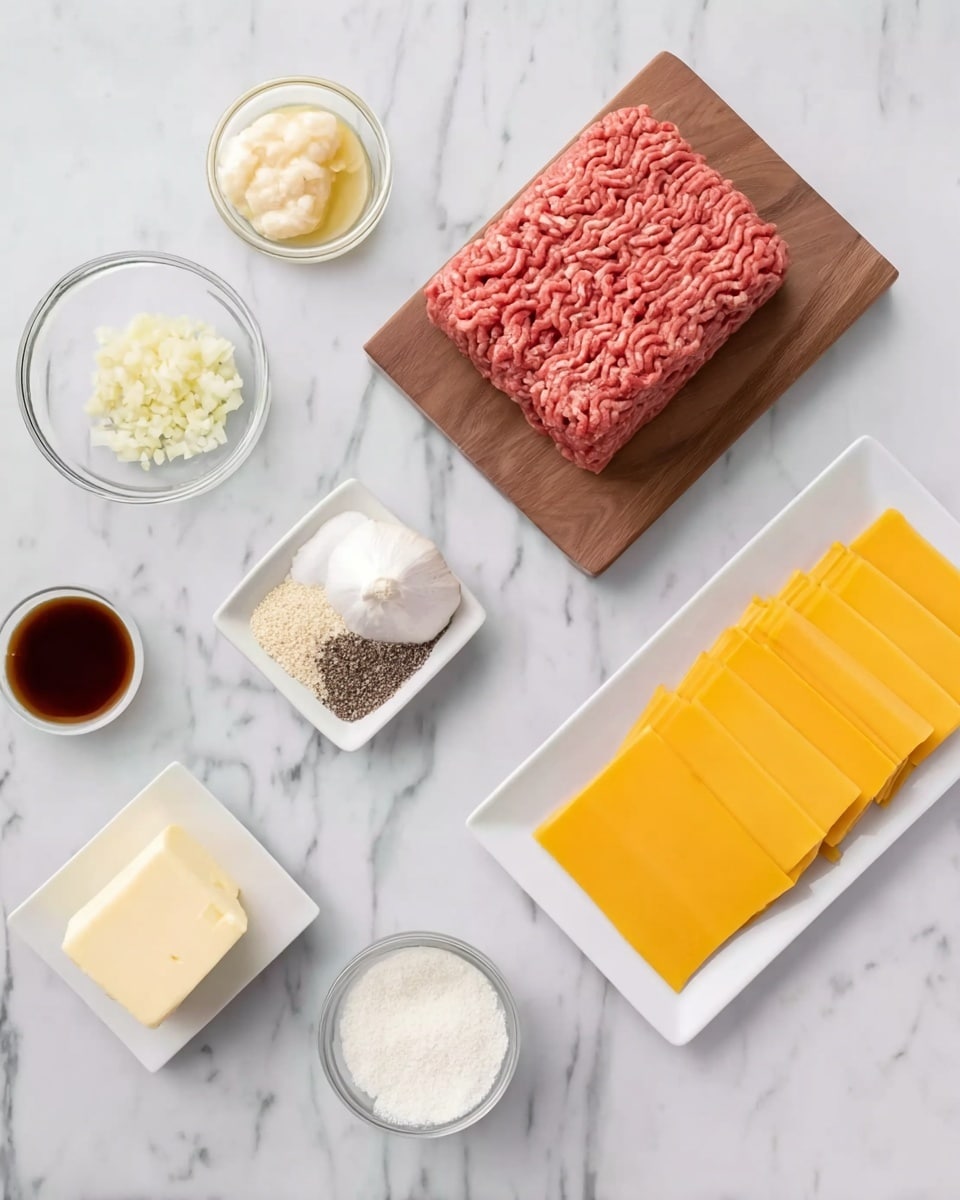 The image shows ingredients arranged on a white marbled surface. On the left, there is a small round clear bowl with chopped garlic, a small round clear bowl with a pale yellow paste, and a rectangular wooden board with a block of raw ground meat that is bright pink with visible texture. Below the meat, there is a small square white dish with white grains and another with black pepper and salt. Moving right, a small clear bowl contains a dark brown liquid. To the right of this is a small clear bowl filled with a solid pale yellow block of butter. Below it, a bowl holds white powdery flakes. On the far right is a white rectangular plate with six slices of bright yellow cheese, lying flat. The settings are neat and clean, and the lighting is bright. photo taken with an iphone --ar 4:5 --v 7