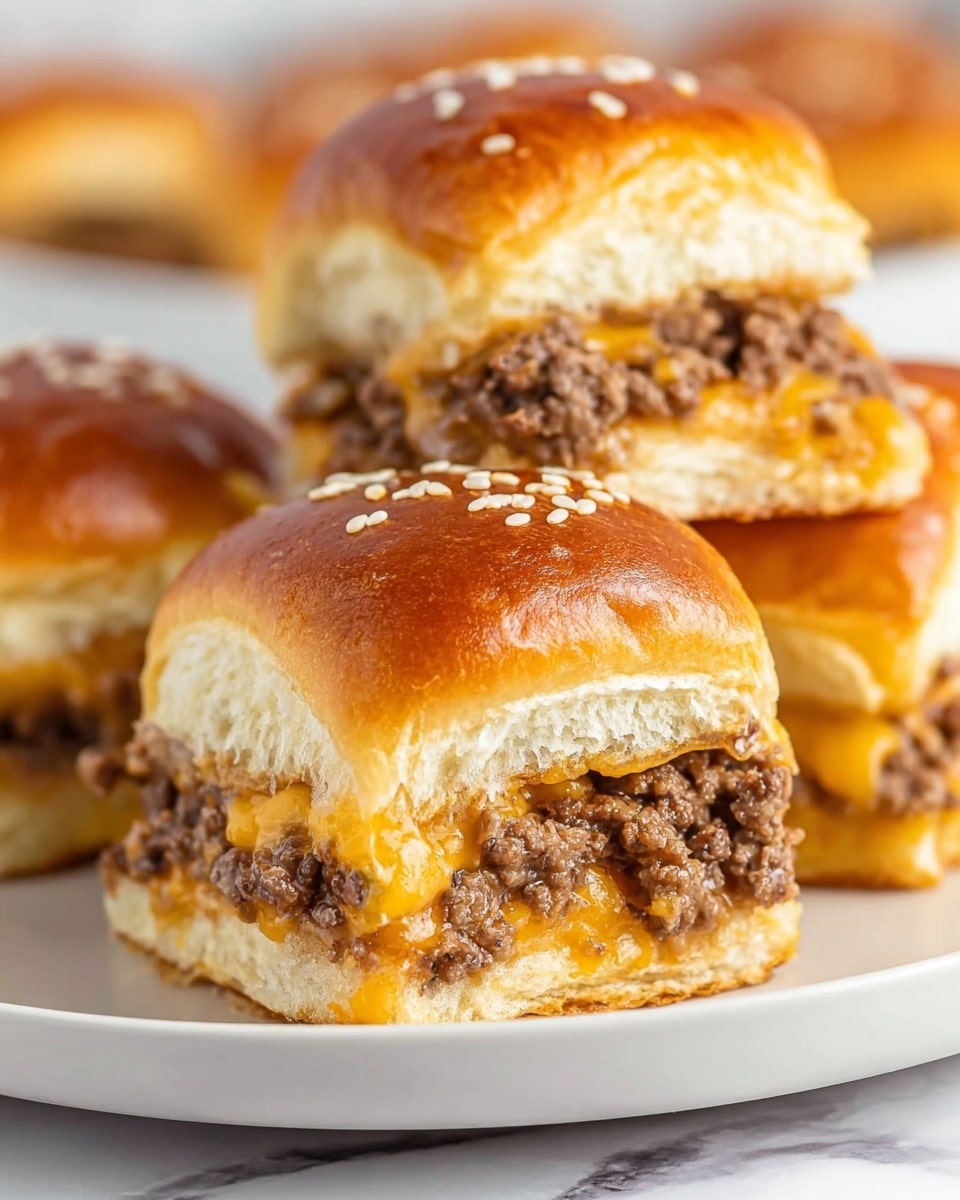 The image shows three small slider sandwiches stacked on a white plate with a white marbled background. Each slider has a soft, shiny, golden-brown bun topped with white sesame seeds. Inside, there is a layer of cooked ground beef that looks moist and crumbly, topped with melted yellow cheese that is slightly dripping over the edges of the beef. The buns have a fluffy texture and the sliders look warm and fresh. The focus is on the front slider with the other two partially visible, creating a cozy and appetizing scene. Photo taken with an iphone --ar 4:5 --v 7