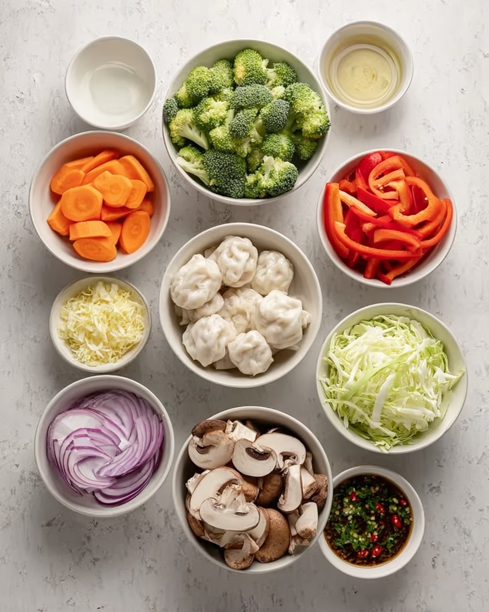 The image shows eight white bowls arranged on a white marbled surface. In the center is one bowl filled with white dumplings with light wrinkles. Surrounding it in a circular pattern are seven bowls: a bowl with bright orange carrot slices to the top left, a bowl with small, fresh green broccoli florets to the top center, a bowl with thinly sliced red bell peppers to the top right, a bowl with finely grated light yellow ginger to the middle left, a bowl of clear liquid water to the middle right, a bowl with shredded pale green cabbage below the broccoli and red peppers, a bowl with sliced red onions with white and purple layers at the bottom left, and a bowl with whole and sliced brown mushrooms overlapping each other at the bottom center. To the lower right is a small bowl filled with a dark sauce that contains chopped green herbs and red chili pieces. photo taken with an iphone --ar 4:5 --v 7