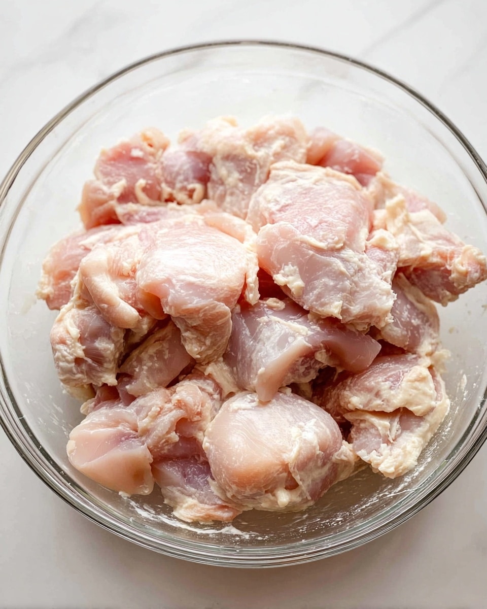 The image shows a clear glass bowl filled with many raw chicken pieces coated lightly with a white sauce or marinade. The chicken pieces are pale pink with some white fatty parts and are placed loosely together inside the bowl with a slightly shiny texture from the sauce. The bowl sits on a white marbled surface. photo taken with an iphone --ar 4:5 --v 7