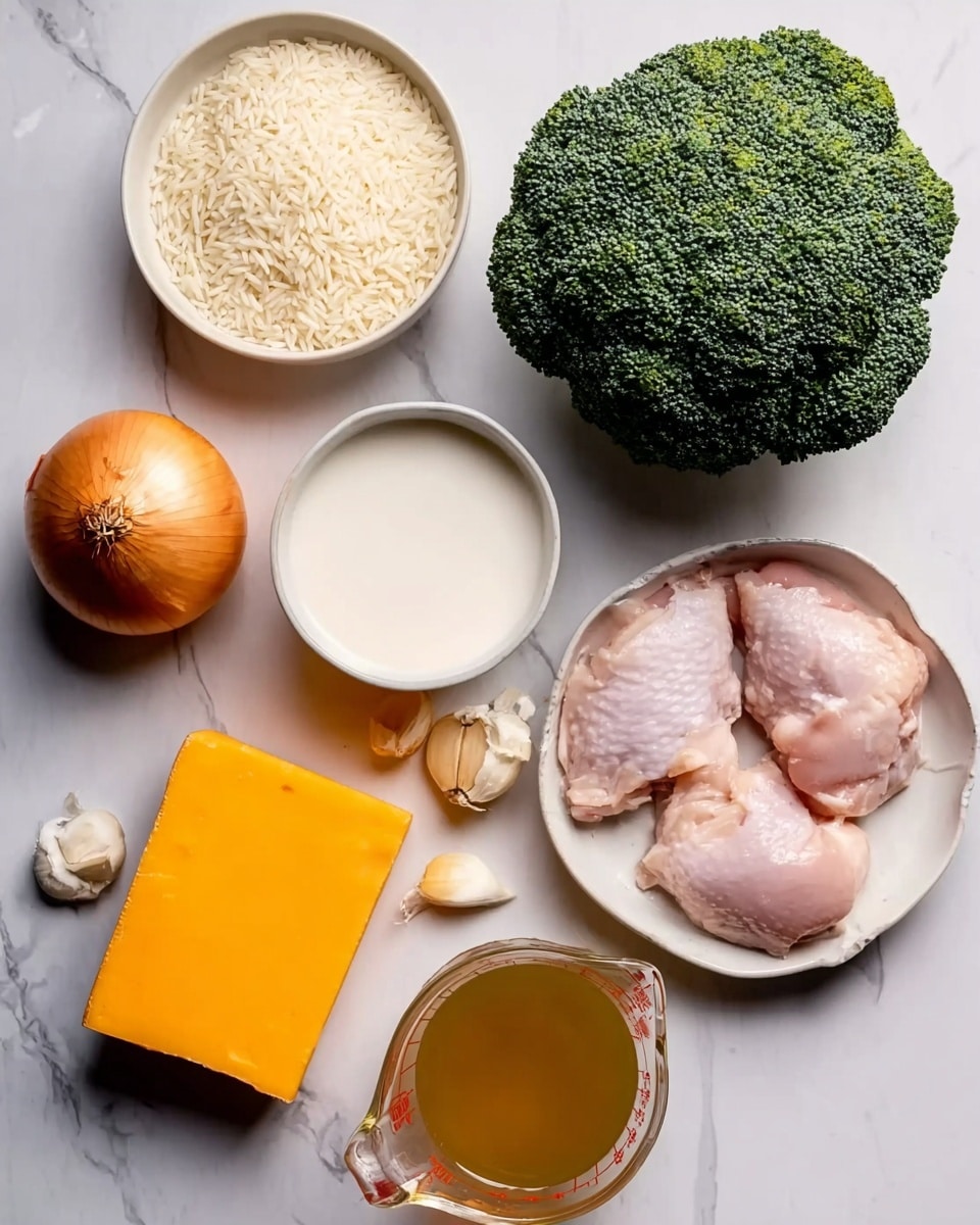 The image shows raw ingredients placed on a white marbled surface. There are two raw pink chicken pieces on a white bowl on the right side. Below, a large, deep green broccoli head sits next to a small white bowl filled with white liquid. To the left, there's a whole light brown onion and above it, three garlic cloves spread out. A white bowl with white rice is placed at the top left corner. Near the bottom left, there is a white dish holding a block of bright orange cheese. At the bottom right, a glass measuring cup filled with a light brown liquid is placed. The photo taken with an iphone --ar 4:5 --v 7