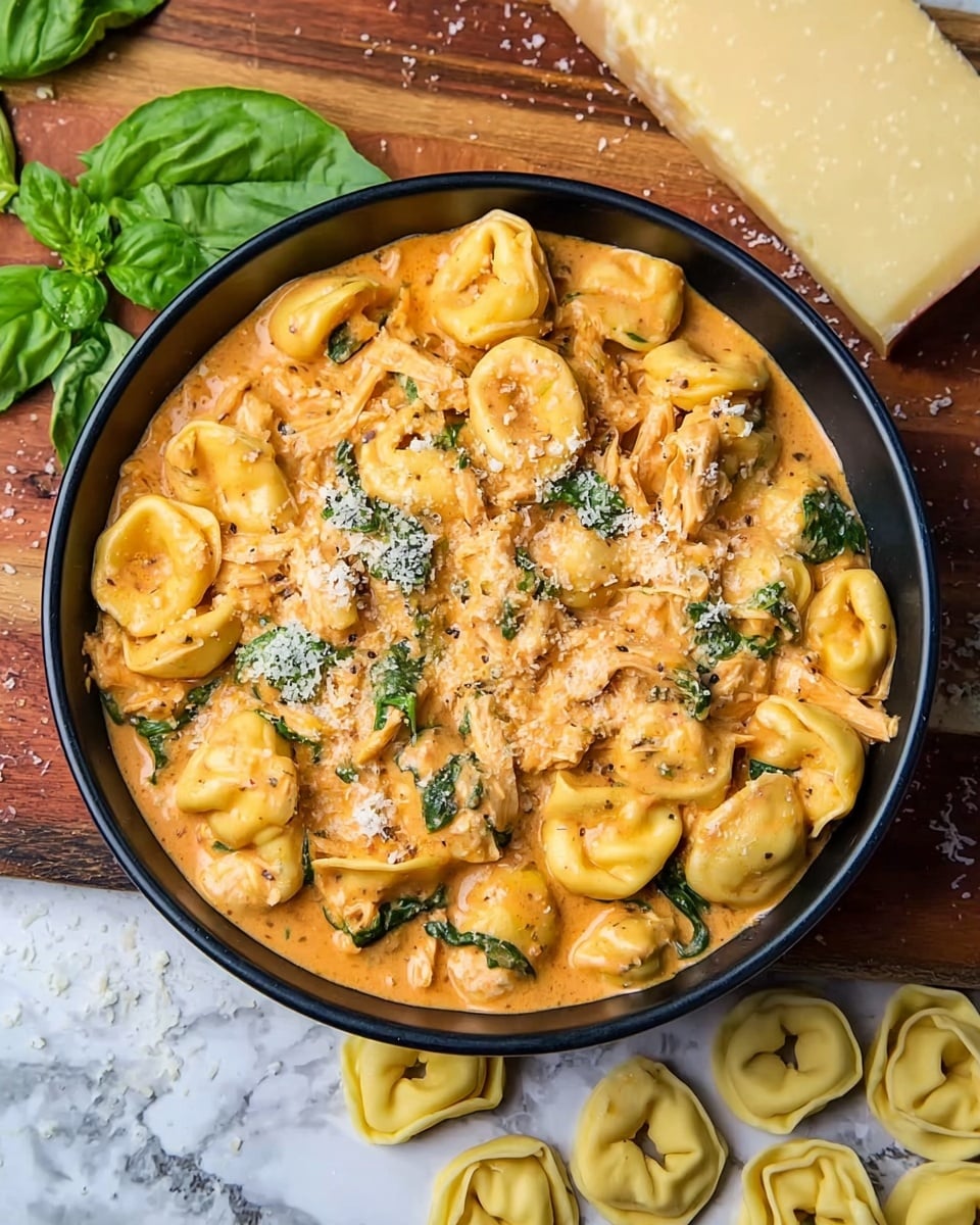 A close-up of a black bowl filled with tortellini pasta covered in creamy orange sauce, mixed with shredded chicken and green spinach leaves scattered throughout. The tortellini have a smooth, slightly glossy texture and the sauce looks thick and rich. There is a sprinkle of grated white cheese on top, and fresh green basil leaves add a pop of color. Around the bowl, there are uncooked tortellini pieces and a large wedge of pale yellow cheese on a wooden surface. The background is a white marbled texture photo taken with an iphone --ar 4:5 --v 7