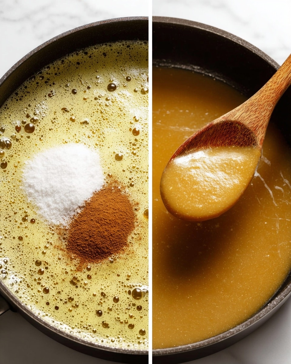 The image shows two close-up views of a cooking pan on a white marbled surface. On the left side, the pan contains a bubbly, light yellow frothy liquid with two piles on top: one of white granulated sugar and one of brown cinnamon powder, both sitting near the center. On the right side, there is a smooth, thick golden brown sauce being stirred by a wooden spoon, with the spoon placed on the right side of the pan, lifting some of the sauce. Photo taken with an iphone --ar 4:5 --v 7