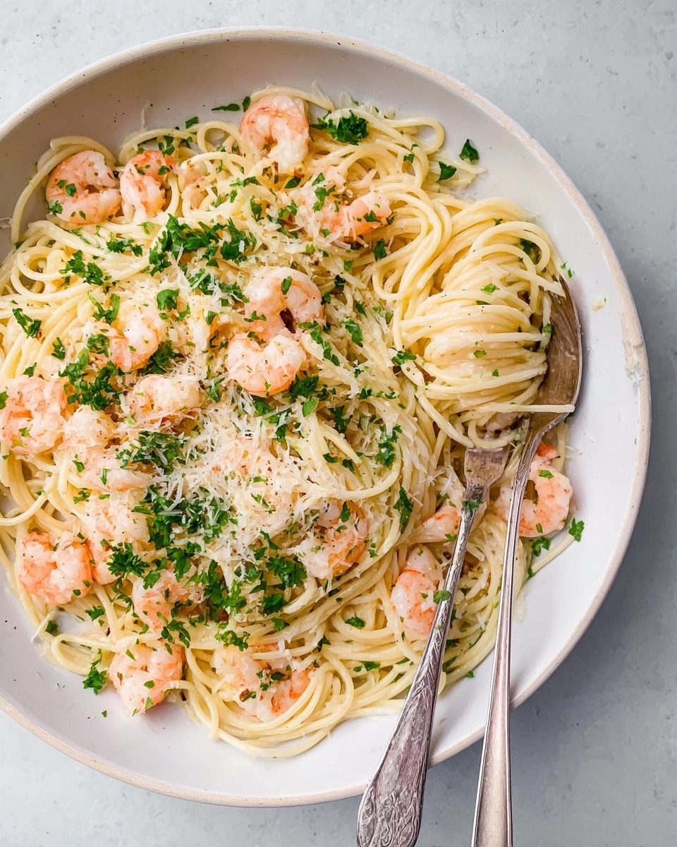 A white plate filled with cooked spaghetti as the base layer, light yellow in color and soft in texture, topped with small pink shrimp evenly spread across the pasta. Over the shrimp and pasta, there is a sprinkle of finely grated pale yellow cheese and small bits of bright green chopped parsley scattered on top. Two silver forks rest on the right side of the plate, partly inserted in the spaghetti. The plate is placed on a smooth white marbled surface. photo taken with an iphone --ar 4:5 --v 7