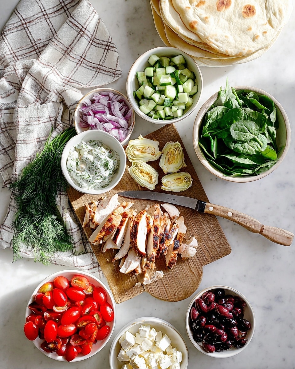 The image shows several small bowls and a wooden board with food items arranged neatly on a white marbled surface. At the center bottom, there is grilled chicken sliced into thin strips on a wooden board with a knife lying beside it. To the left on the board, fresh green dill leaves are placed. Above the board, a bowl holds white sauce with green herbs. Next to it on the left is a bowl with chopped cucumber and thinly sliced purple onion. To the right of the sauce bowl, there is a white bowl filled with fresh green spinach leaves. Below the spinach, a white bowl contains artichoke pieces. Near the bottom right corner, a plate holds a mix of dark purple and black olives alongside crumbly white cheese. In the middle right area, a white bowl is filled with bright red cherry tomato halves. At the top left, there are stacked white pita breads. A woman’s hand with a wooden handle knife rests near the chicken, and a light checkered cloth is beneath parts of the board and plates. The whole scene has bright natural lighting. photo taken with an iphone --ar 4:5 --v 7