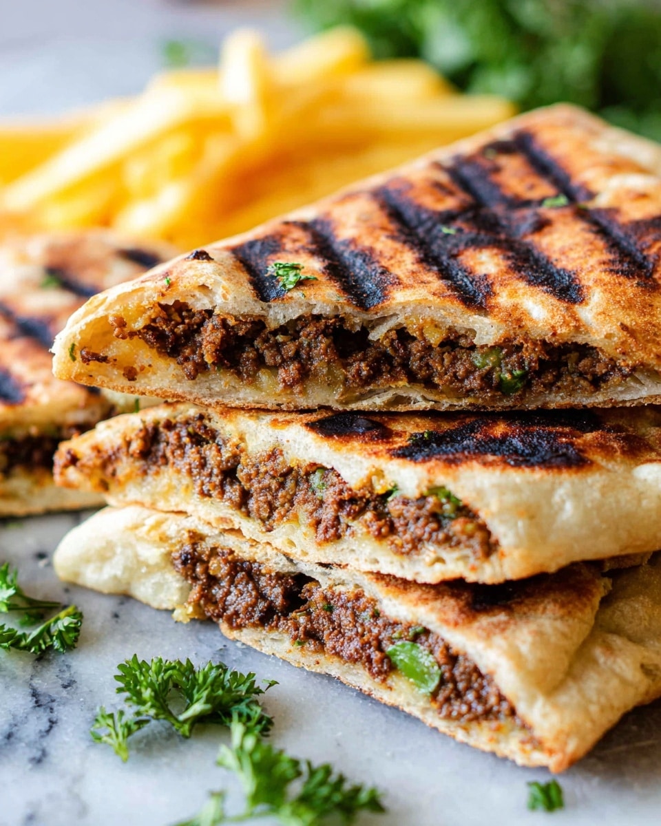 The image shows stacked flatbreads grilled with dark char marks on the top layer, each piece filled with a thick, crumbly, brown meat mixture with small green herb bits. The flatbreads have a light golden-brown, slightly crispy texture with some puffiness at the edges. In the background, there are thick, golden-yellow fries peeking out from behind the bread layers. The whole scene is set on a surface with a white marbled texture, with some fresh green parsley leaves scattered nearby. The photo taken with an iphone --ar 4:5 --v 7