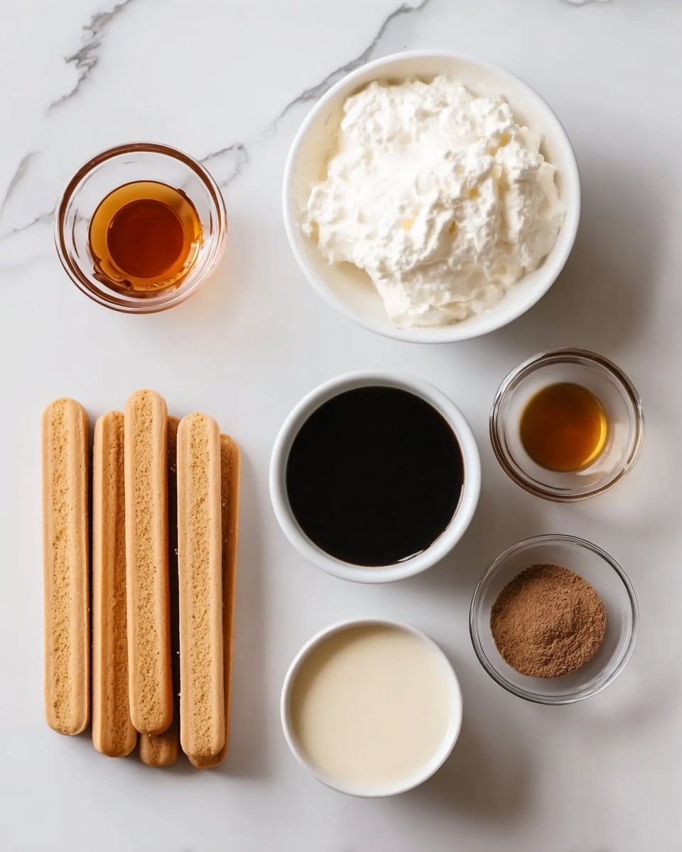 The image shows ingredients neatly placed on a white marbled surface. There are two packs of long, light brown ladyfinger biscuits stacked side by side at the bottom left. Above and to the right, there is a white bowl filled with soft, white cream, which is textured and fluffy. To the right of the cream, there is a white bowl with dark black coffee inside, smooth and shiny on the surface. Next to the coffee bowl, near the bottom right corner, there is a small white container holding a light beige liquid, probably milk or cream. Above and to the left of the coffee, a small transparent glass holds a dark amber liquid. Another transparent glass with a similar liquid sits just above the cream bowl. Finally, at the top right, a white bowl contains a small amount of brown powders, half of which is finely ground, and the other half is more coarse. Photo taken with an iphone --ar 4:5 --v 7