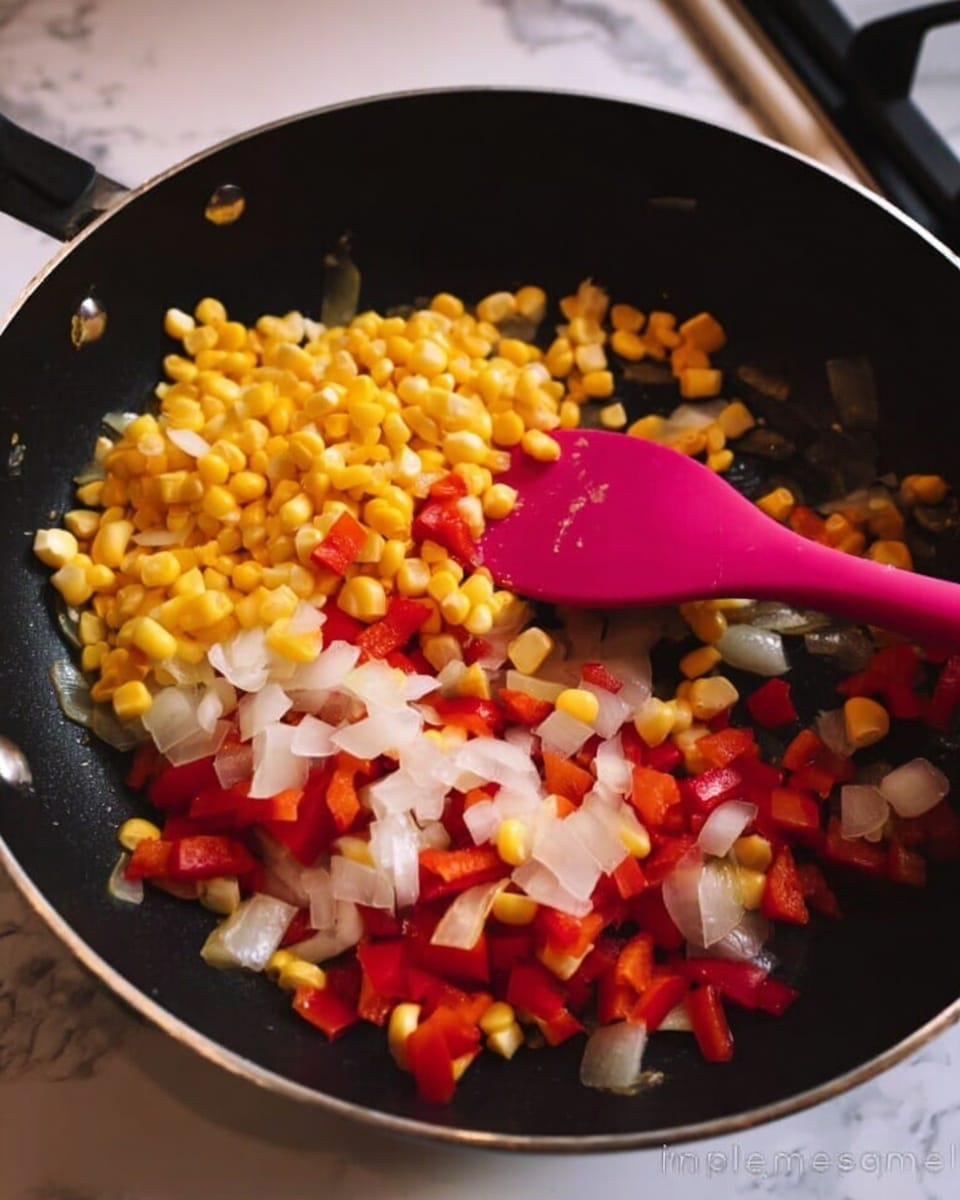 In a black pan on a stove, there are three main layers of chopped vegetables: bright yellow corn kernels spread evenly, white onion pieces scattered throughout, and red bell pepper chunks distributed among them. A pink silicone spoon rests on top in the pan, slightly stirring the vegetables. The background includes a white marbled surface around the stove. photo taken with an iphone --ar 4:5 --v 7
