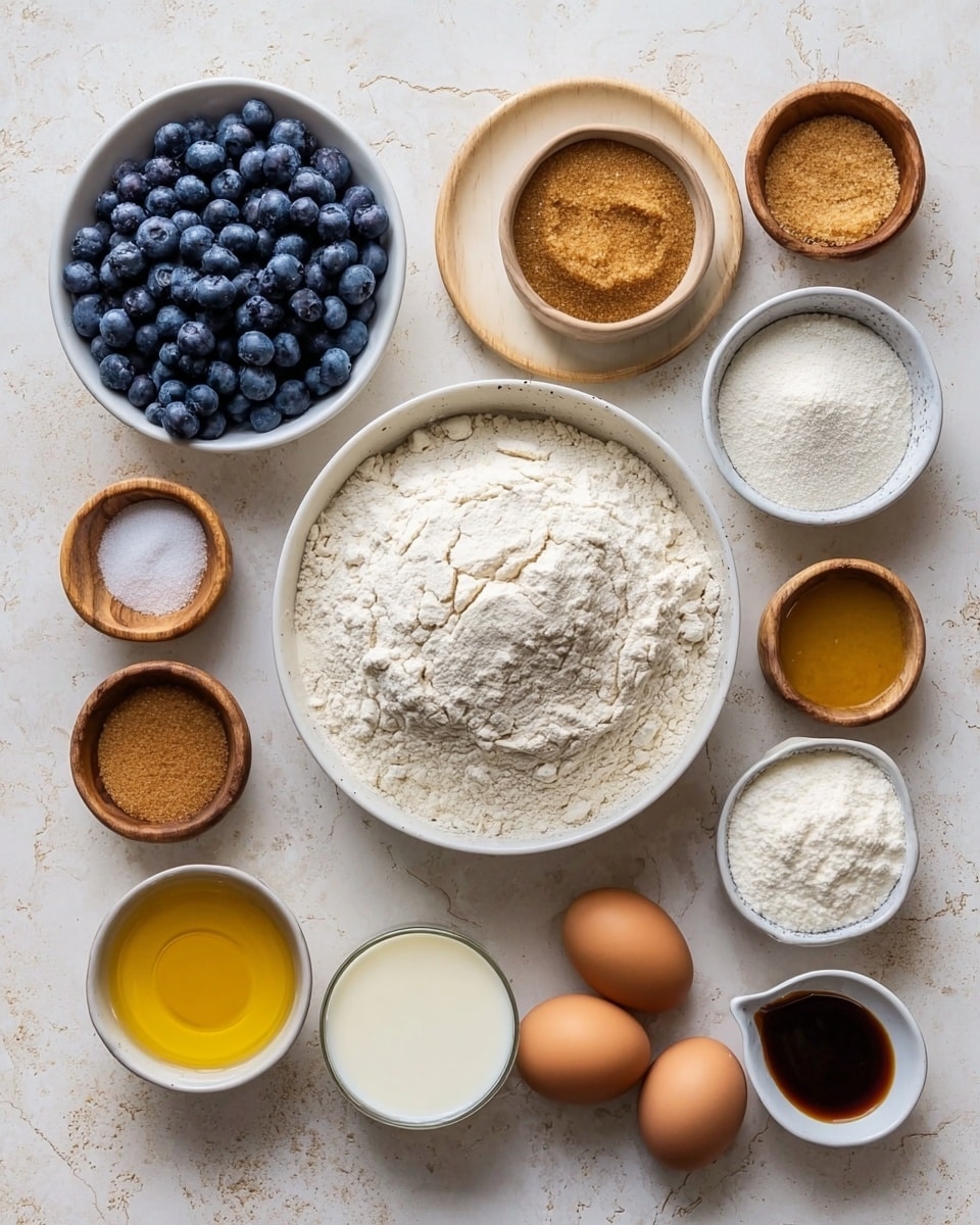 The image shows a flat lay of different baking ingredients placed on a white marbled surface. In the center is a white bowl filled with white flour with a small mound and cracked texture on top. To the left, there's a white bowl full of fresh blueberries with a smooth, round shape and deep blue color. Above the blueberries is another white bowl containing brown sugar, showing a fine, granulated texture, and next to it a small white bowl with golden honey-like liquid. Around the flour bowl, there are three small wooden bowls containing light brown powder, white powder, and white granules. On the right side, there is a white bowl filled with cottage cheese or a similar white, soft dairy product. Nearby, two brown eggs rest on a light wooden plate next to a small dish of dark brown vanilla extract. At the bottom, closer to the center, is a small clear jug of melted butter and a small white cup of milk. All bowls and dishes are evenly spaced and neatly arranged, creating a clean and organized look. Photo taken with an iphone --ar 4:5 --v 7
