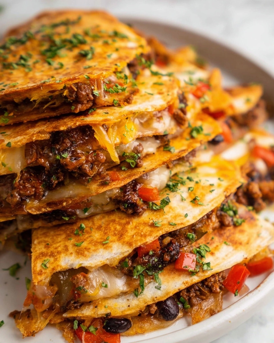 A stack of quesadillas, each made of two golden brown crispy tortillas filled with layers of melted white and yellow cheese, seasoned ground beef with visible bits of red and green peppers, and small pieces of black beans; the quesadillas are cut into triangular slices and sprinkled with fresh chopped green herbs, arranged closely together on a white plate set on a white marbled surface, showing a rich mix of textures from crispy edges to gooey cheese inside photo taken with an iphone --ar 4:5 --v 7