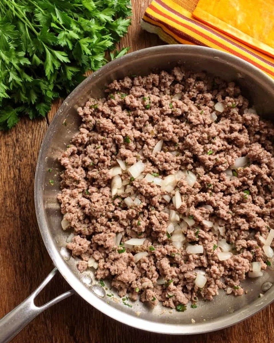 A close-up image of a silver frying pan filled with cooked ground beef mixed with small bits of white onions. The pan sits on a wooden surface, and next to it is a bunch of fresh green parsley and a yellow and orange box partially visible on the top right. The ground beef layer is coarse and crumbly with some moisture visible. photo taken with an iphone --ar 4:5 --v 7