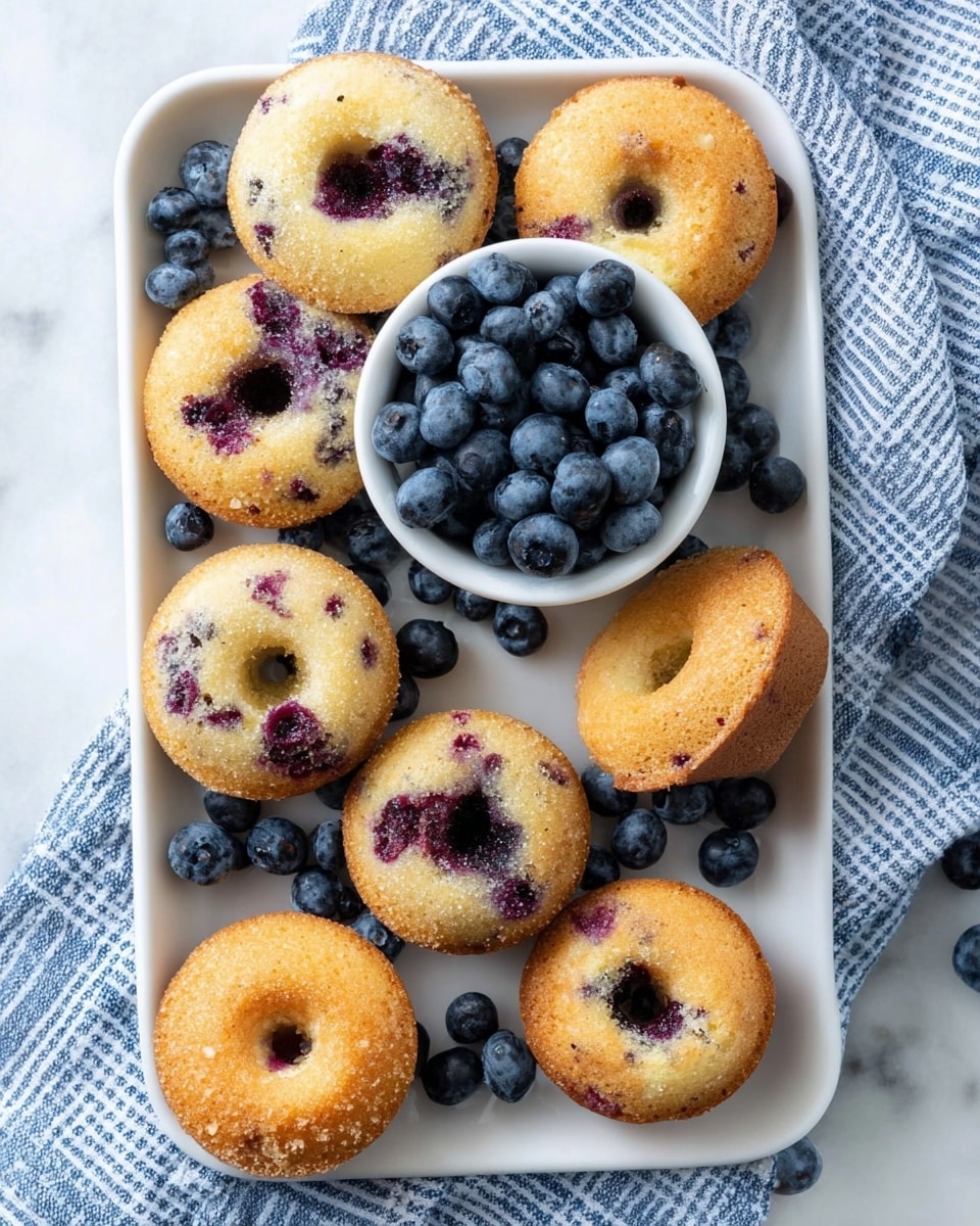 The image shows a white rectangular tray with eight blueberry donuts arranged around a small round white bowl filled with fresh blueberries. The donuts are golden brown with a soft texture, dotted with visible purple-blue spots from baked blueberries inside. Around the bowl and between the donuts, there are loose fresh blueberries scattered on the tray. The tray rests on a blue and white striped cloth over a white marbled surface. The lighting is soft, highlighting the moist texture of the donuts and the fresh shine of the blueberries. Photo taken with an iphone --ar 4:5 --v 7