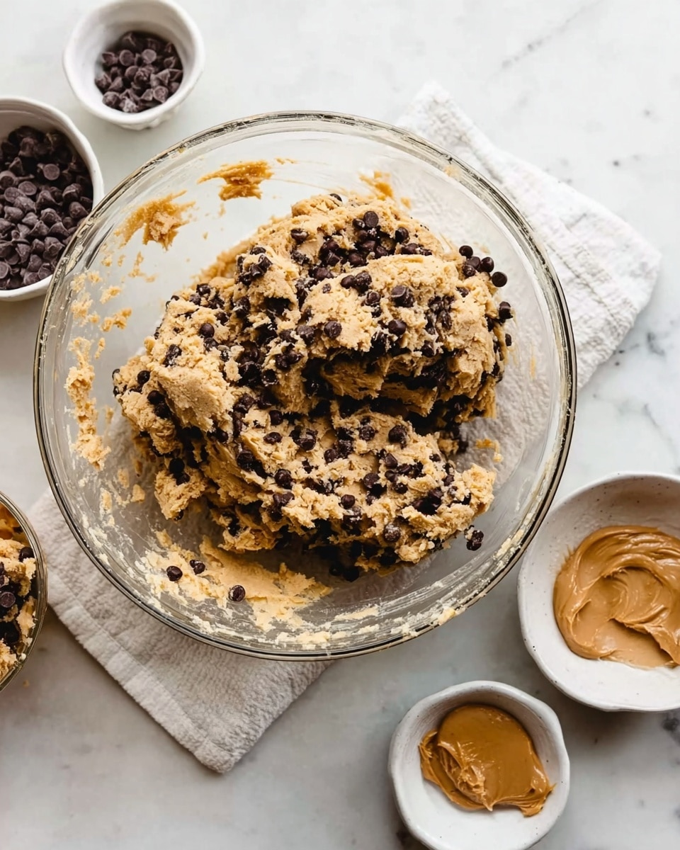 A clear glass bowl sits on a white marbled surface with a white cloth nearby, filled with chunky light brown cookie dough mixed generously with dark brown chocolate chips scattered unevenly throughout the dough. Next to the bowl, there are three small white bowls arranged around it: one with a few small chocolate chips, one empty with cookie dough remains, and one with a creamy tan peanut butter spread, all resting on the white marbled background. The bowl of dough is the main focus, showing the thick texture and the mix of dough and chocolate chips scattered inside and partially smeared on the inner sides of the bowl. Photo taken with an iphone --ar 4:5 --v 7