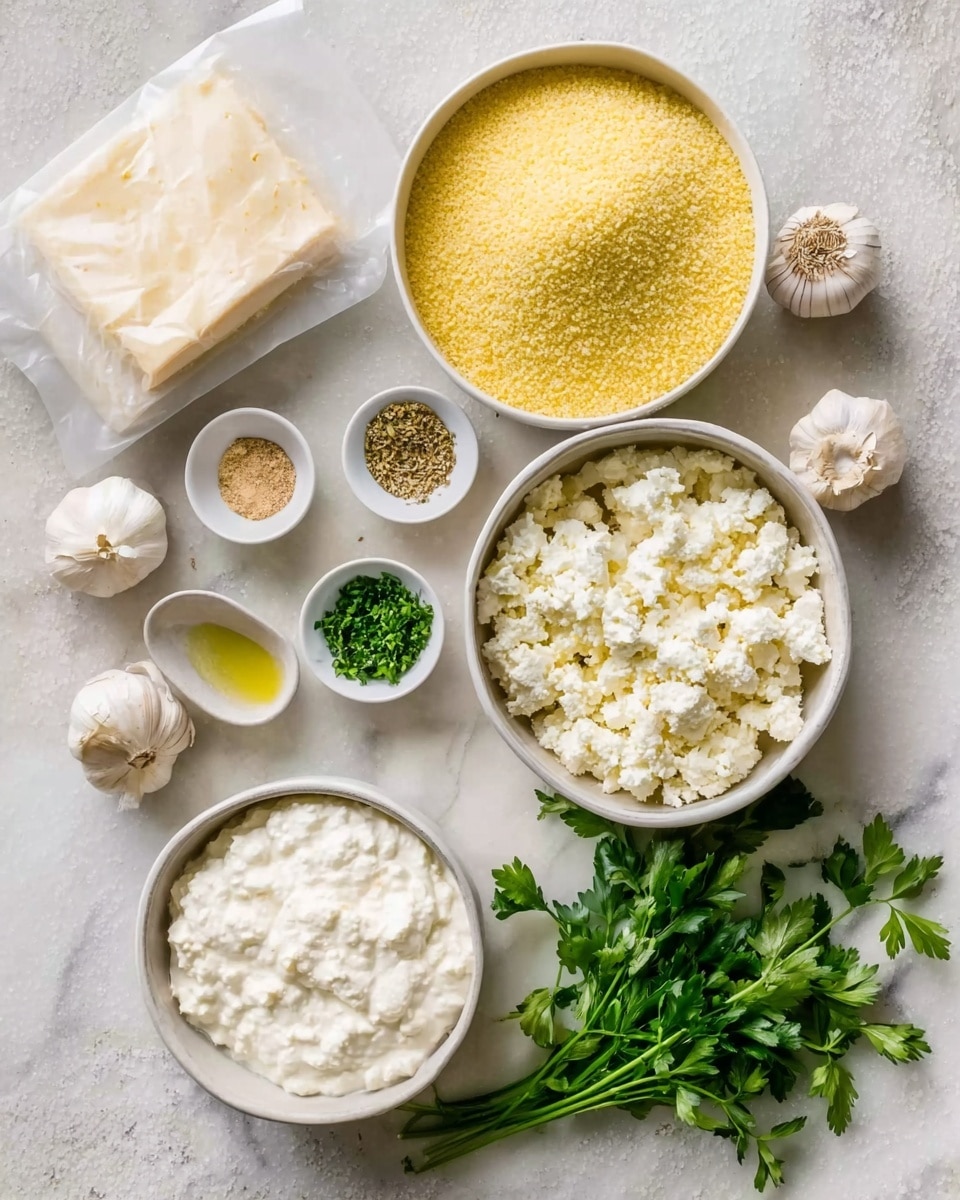 The image shows a white bowl filled with yellow cornmeal placed near a white bowl that holds crumbled cheese with a rough texture arranged in two halves. Below these bowls, there is a smaller white bowl with a thick white creamy substance with a slightly lumpy texture, possibly cottage cheese. To the left is an opened packet containing a block of white cheese. Above the large bowls, three small white bowls contain finely chopped green herbs, a mustard yellow oil, and light brown seasoning powder. Scattered around are four garlic bulbs and a small bunch of fresh green parsley. All items sit on a white marbled surface. photo taken with an iphone --ar 4:5 --v 7