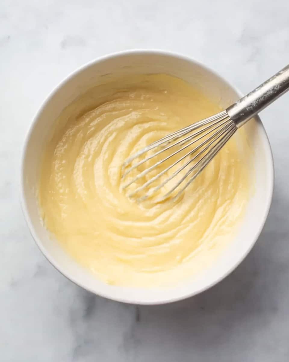 A white bowl filled with a thick, smooth, pale yellow mixture is shown, with a metal whisk resting inside. The mixture looks creamy and soft, with slight swirls from stirring. The bowl is set on a white marbled surface. The scene gives a clean and fresh feeling, focusing on the creamy texture and the metal whisk in the bowl photo taken with an iphone --ar 4:5 --v 7
