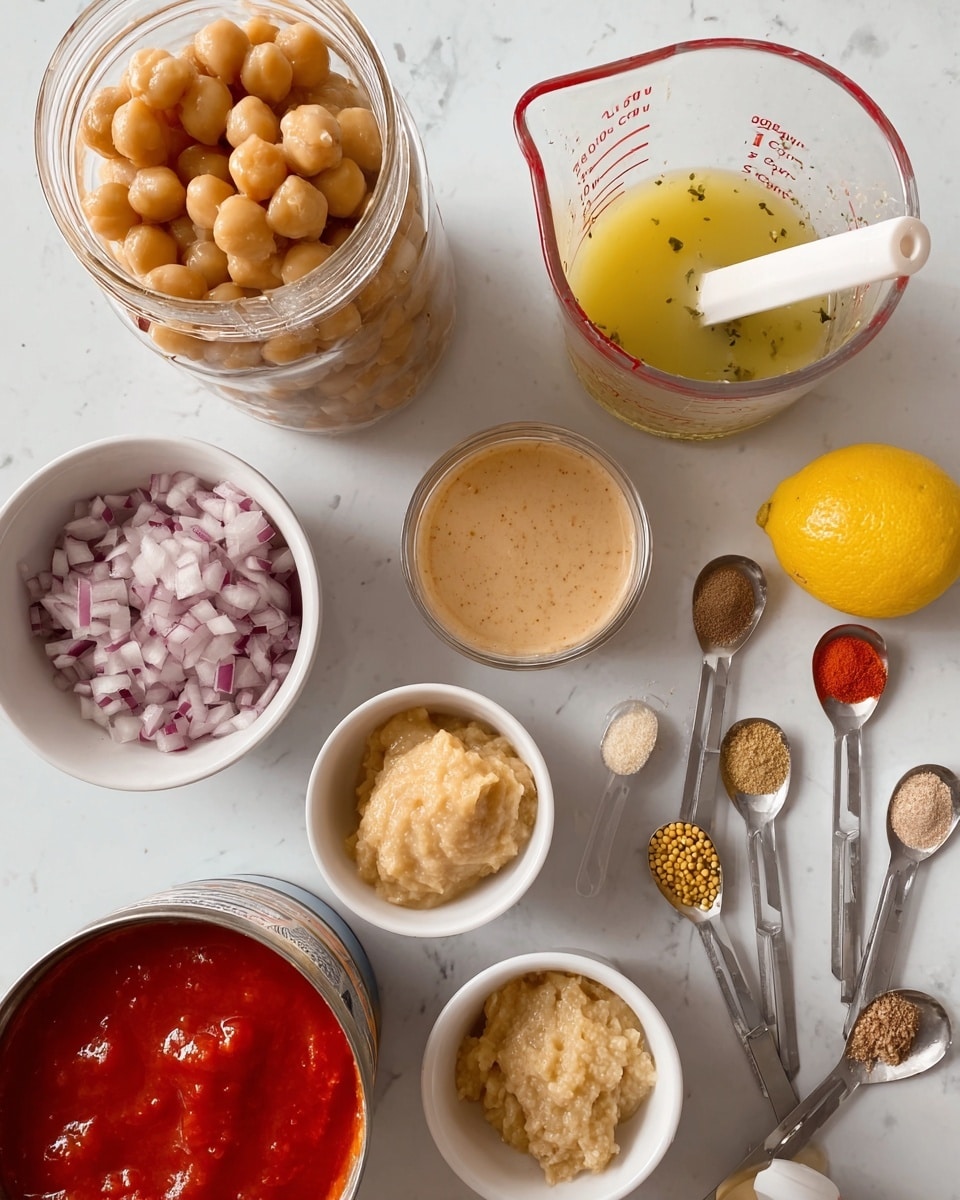 A top-down view of various ingredients arranged on a white marbled surface. In the center-top, there is a clear glass jar filled with whole chickpeas covered in a thick beige sauce. To the right, a transparent plastic measuring cup holds a light yellow liquid with herbs. Below this cup, a half lemon with a white measuring spoon stuck into it is placed. Towards the bottom right, there is a small white bowl containing mustard seeds, a white cup with a brown powder, and another small white bowl with a thick pale yellow paste and minced light brown substance. In the bottom center, an open can reveals bright red tomato sauce. To the left, a white bowl is filled with finely chopped red onions. Scattered between these, several metal measuring spoons with plastic handles hold different pastes and powders in colors such as red, creamy white, and yellowish-brown. Photo taken with an iphone --ar 4:5 --v 7