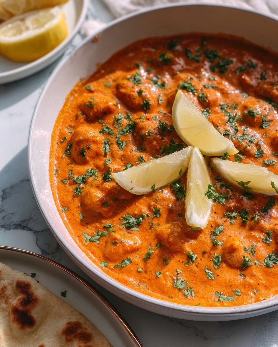 A white bowl filled with a thick, rich orange curry sauce with small soft chunks spread evenly throughout. The curry is topped with chopped green herbs scattered across the surface and three lemon wedges placed on top. The bowl is set on a white marbled surface with a piece of flatbread on the side resting on a white plate. The lighting is natural, highlighting the creamy texture and vibrant colors of the dish. photo taken with an iphone --ar 4:5 --v 7