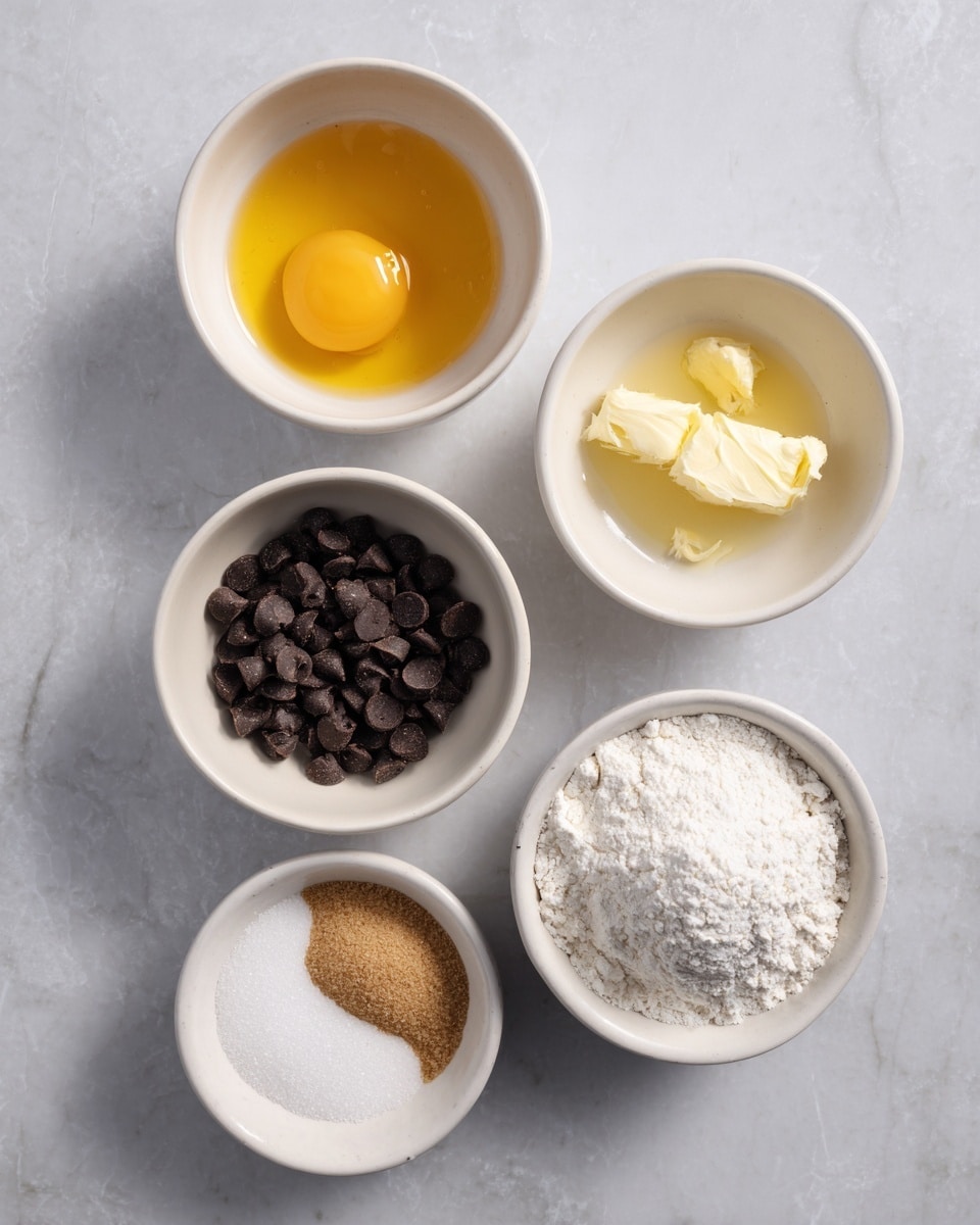 The image shows five small white bowls arranged on a white marbled surface. Starting from the top left, the first bowl has a raw egg yolk with some egg white around it, showing a smooth and shiny yellow-orange surface. To the right, the second bowl is filled with melted butter, light yellow and slightly grainy. Below the egg bowl is a bowl with two types of sugar: white sugar on one side and light brown sugar with a soft, clumpy texture on the other. To the left and below the sugar bowl is a bowl filled with dark chocolate chips, small and round with a shiny finish. Finally, the bottom right bowl holds white flour, piled loosely with a powdery texture and slight clumps. The bowls are spaced evenly, with shadows adding depth. photo taken with an iphone --ar 4:5 --v 7