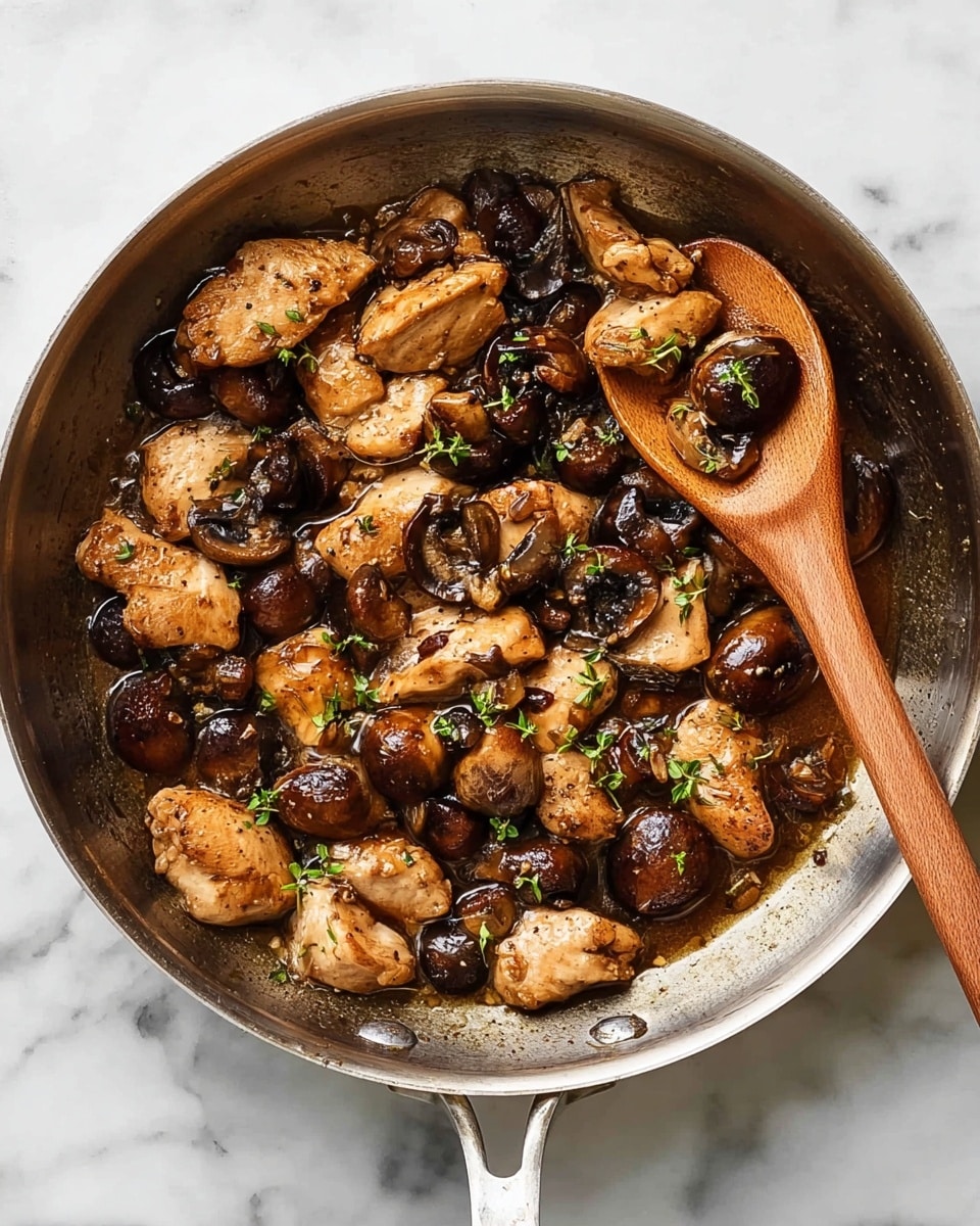 A metal frying pan filled with cooked pieces of light brown chicken and dark brown mushrooms in a shiny brown sauce, with small green herb leaves sprinkled on top. A wooden spoon rests on the right side of the pan, touching the mushrooms and chicken. The pan is placed on a white marbled surface. photo taken with an iphone --ar 4:5 --v 7